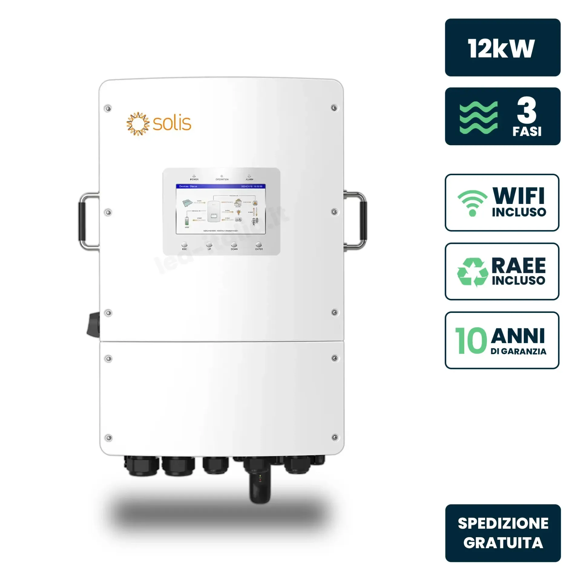 Inverter Fotovoltaico Solis Trifase Ibrido OnGrid-OffGrid 12kW Doppio MPPT Schermo LCD WiFi Meter e TA Inclusi, vista frontale