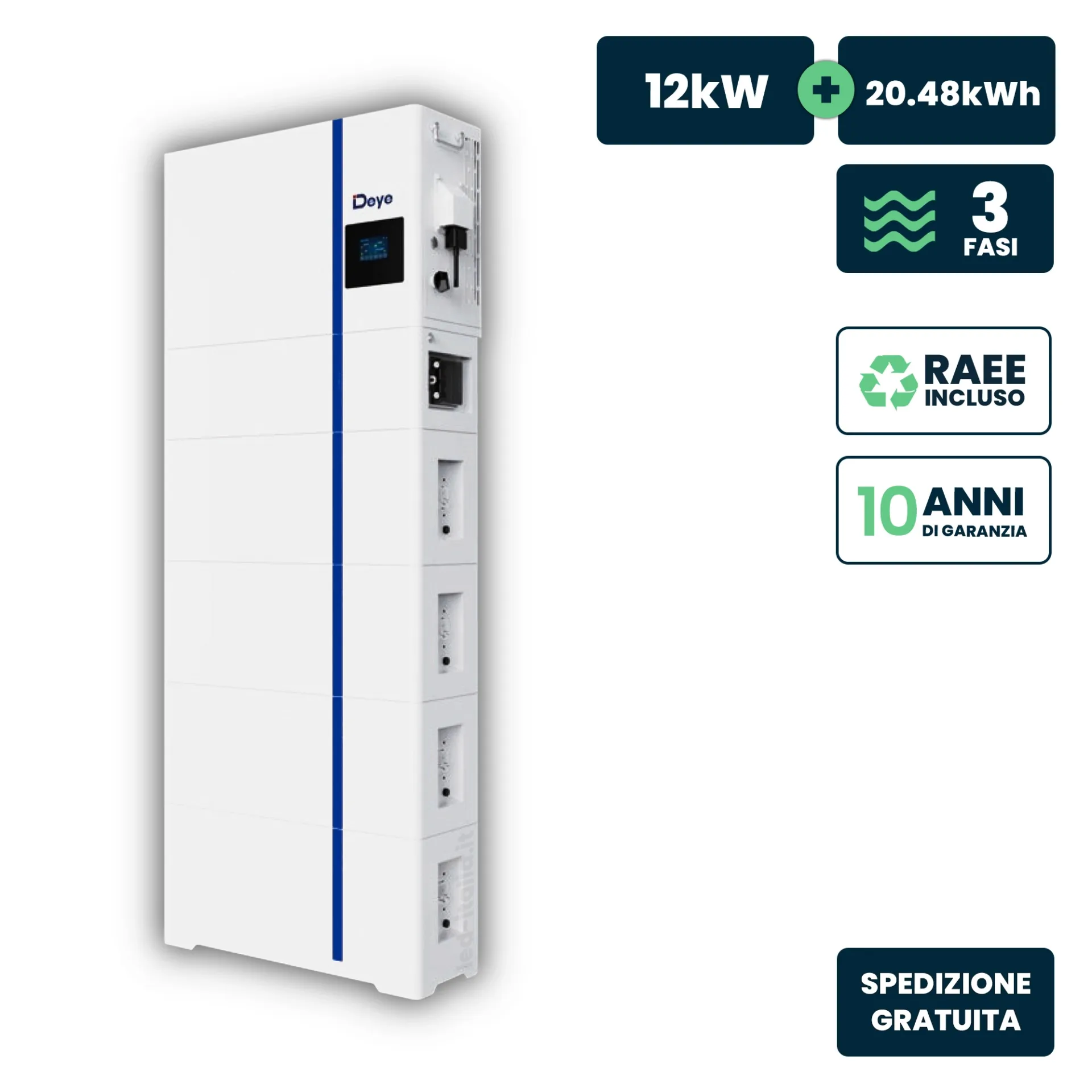 Kit Fotovoltaico AllIn-One Deye con Inverter Trifase Ibrido 12kW Bassa Tensione e Accumulo 20.48kWh On-Off Grid, vista frontale angolata