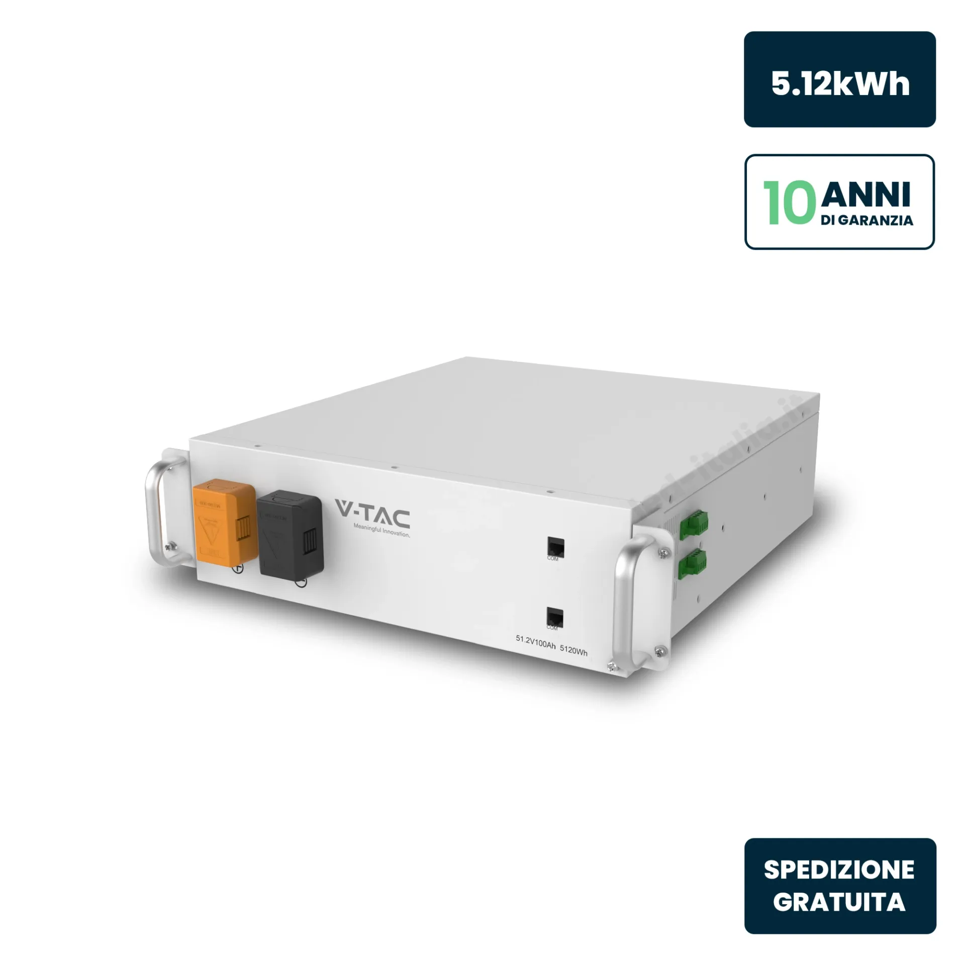 Batteria di Accumulo a Rack 5.12kWh LiFePO4 51.2V 100Ah per Inverter Fotovoltaici Alta Tensione, vista angolata frontale