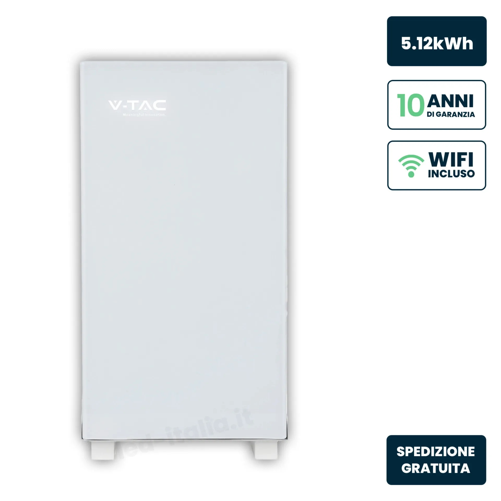 Batteria di Accumulo 5.12kWh LFP BMS Integrato per Inverter Fotovoltaici 51.2V 100Ah Schermo Touch Design Bianco Effetto Vetro Lucido, vista frontale