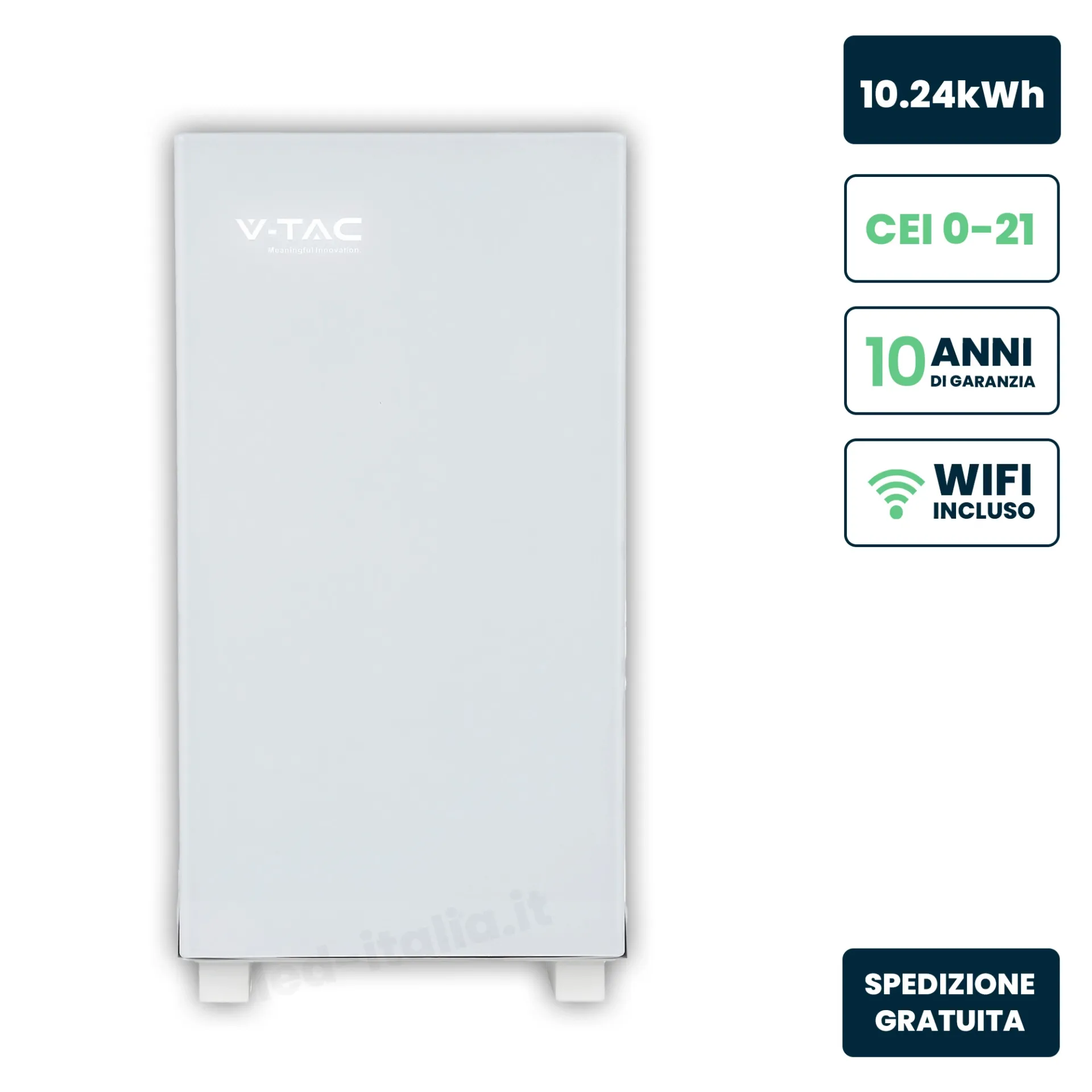 Batteria di Accumulo 10.24kWh LFP BMS Integrato per Inverter Fotovoltaici CEI 0-21 51.2V 200Ah Schermo Touch Design Bianco Effetto Vetro Lucido, vista frontale