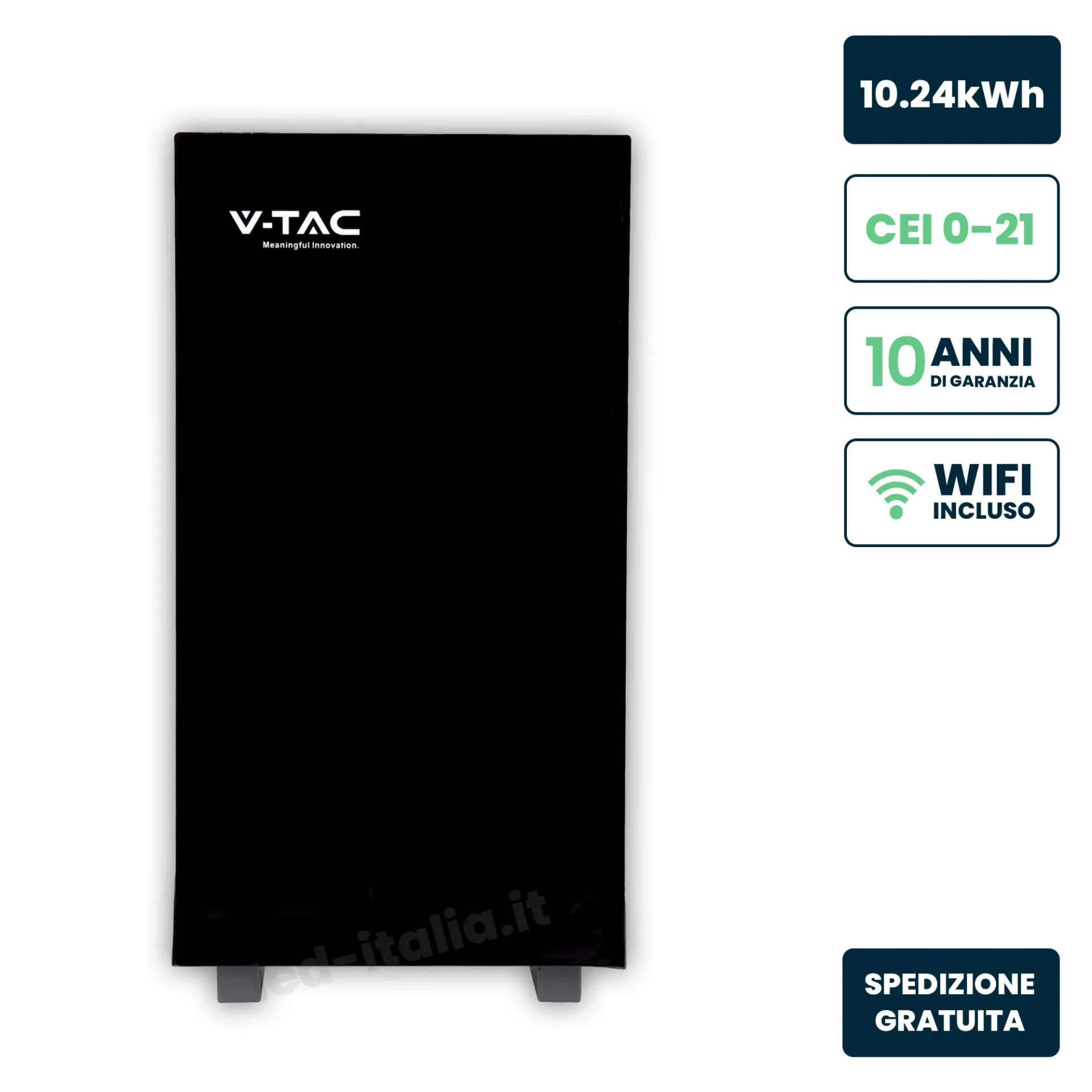 Batteria di Accumulo 10.24kWh LFP BMS Integrato per Inverter Fotovoltaici CEI 0-21 51.2V 200Ah Schermo Touch Design Nero Effetto Vetro Lucido, vista frontale