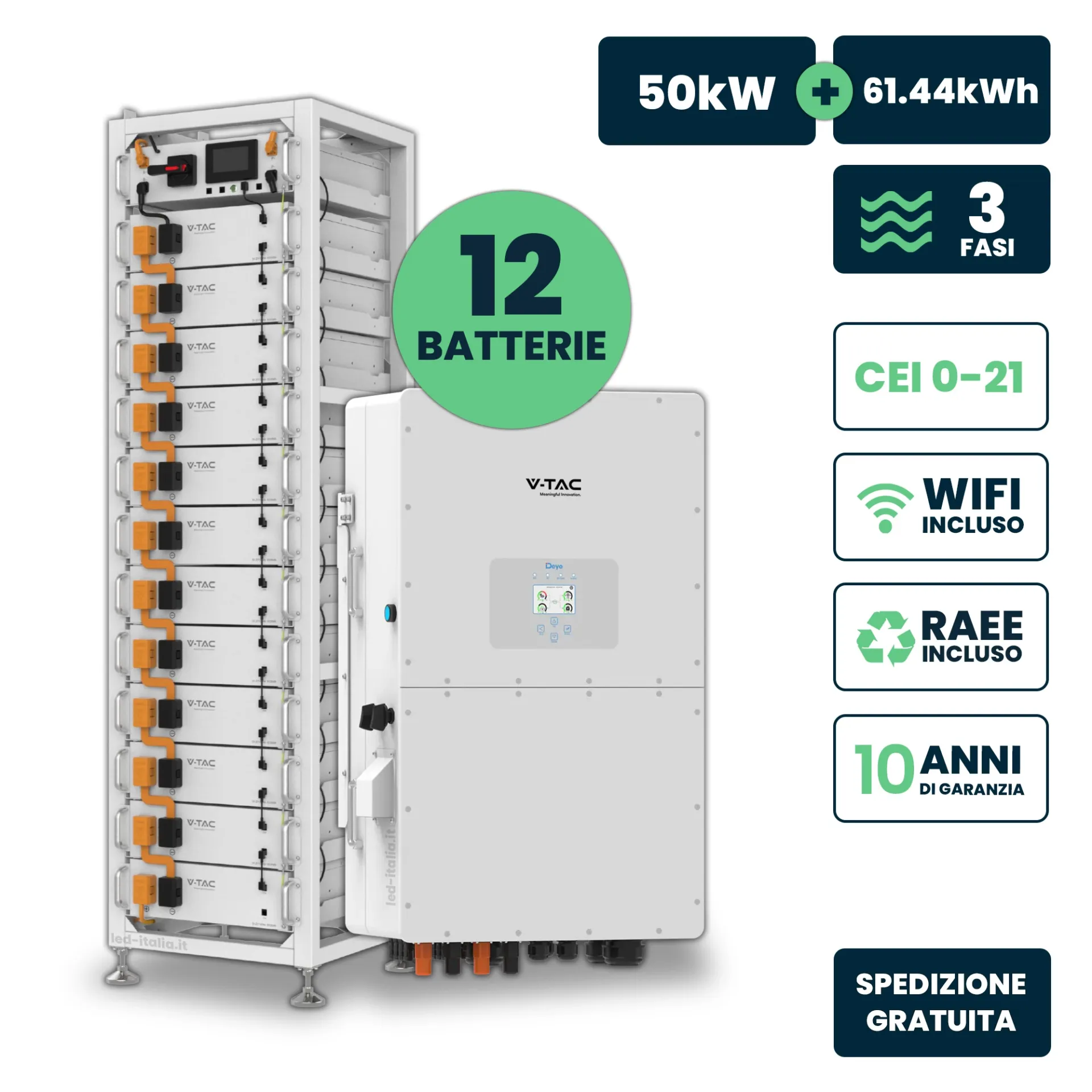 KIT Fotovoltaico Alta Tensione con Inverter Trifase Ibrido Deye 50kW, Accumulo 61.44kWh LFP, HV Box BMS Armadio Rack WiFi TA, vista generale