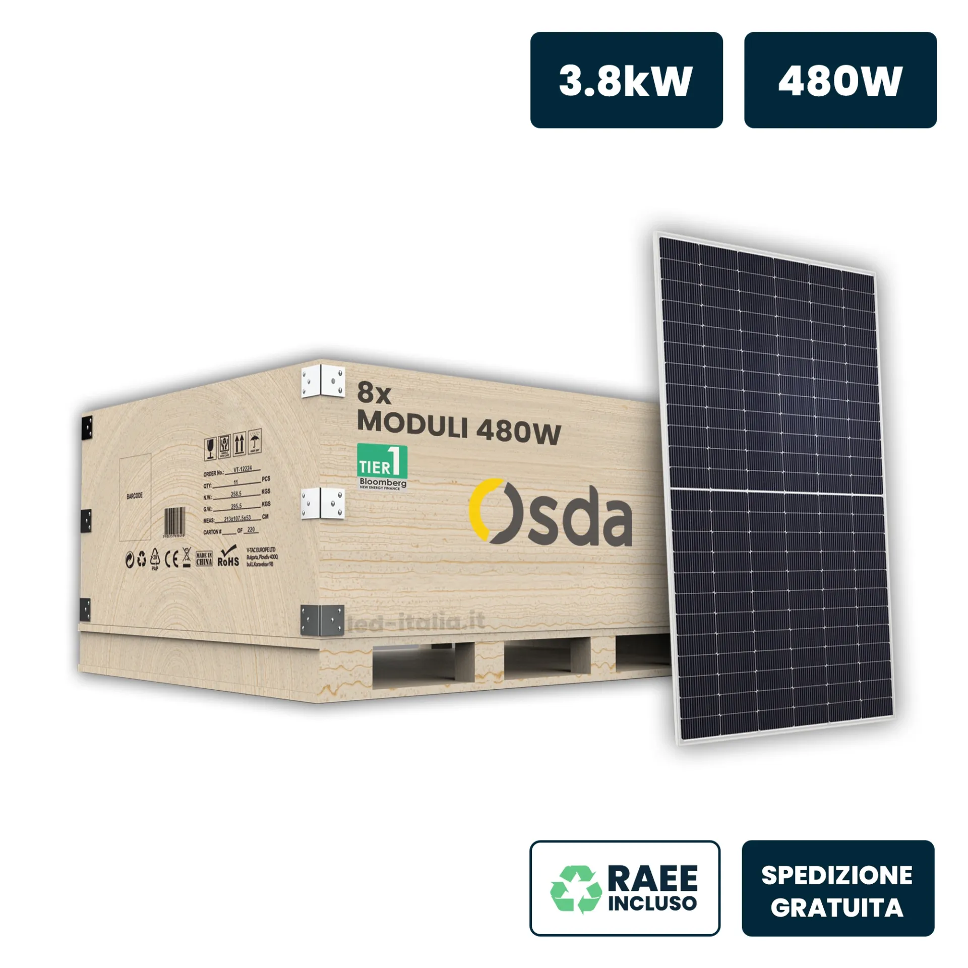 Set 3.8kW con 8 Pannelli Solari Fotovoltaici Moduli 480W OSDA Solar TIER-1 Monocristallino N-Type TOPCon Silver Frame/ 1903x1134x30mm, vista del set con scatola e pannello