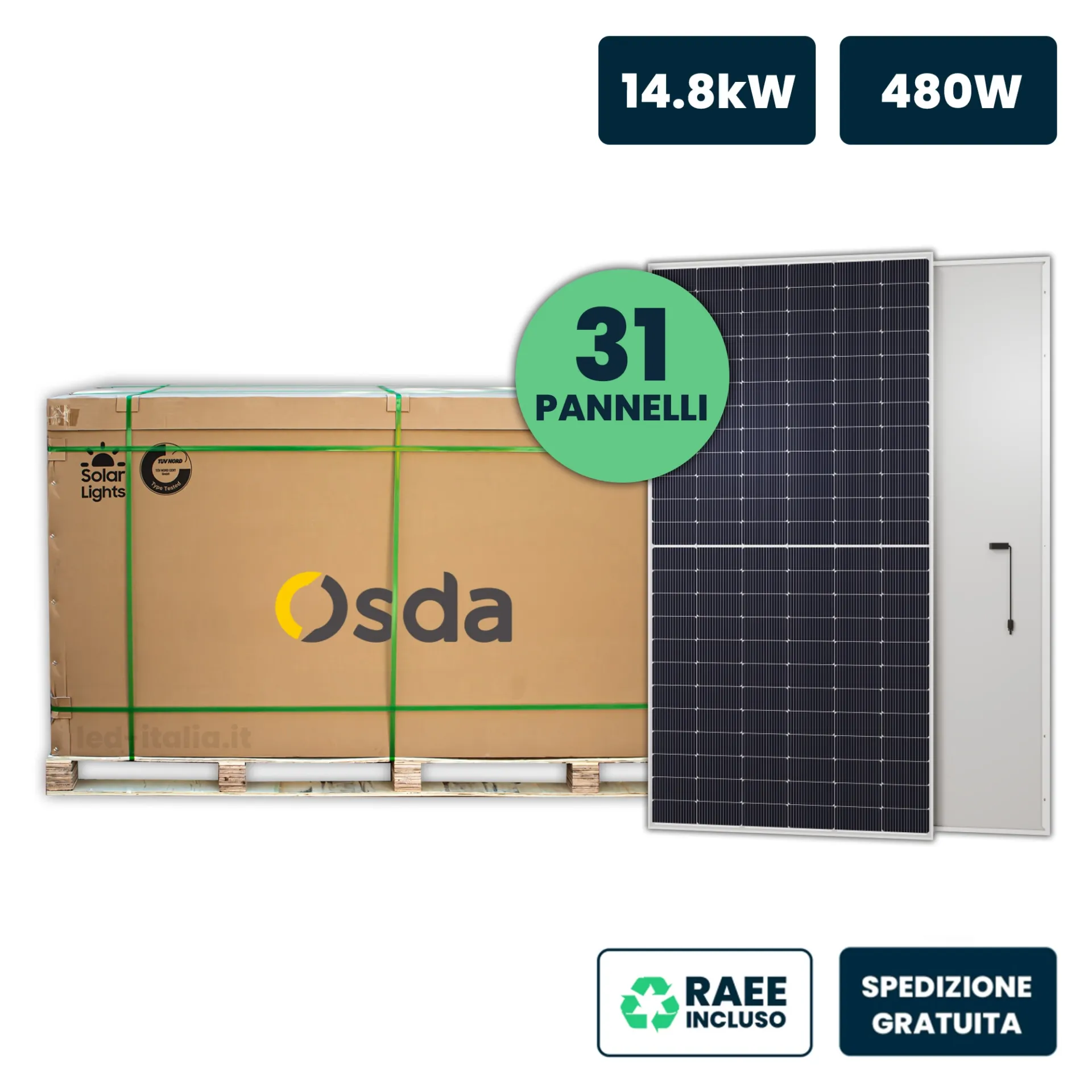 Bancale 17kW con 37 Pannelli Solari Fotovoltaici Moduli 480W OSDA Solar TIER-1 Monocristallini N-Type TOPCon Silver Frame/ 1903x1134x30mm, vista generale prodotto