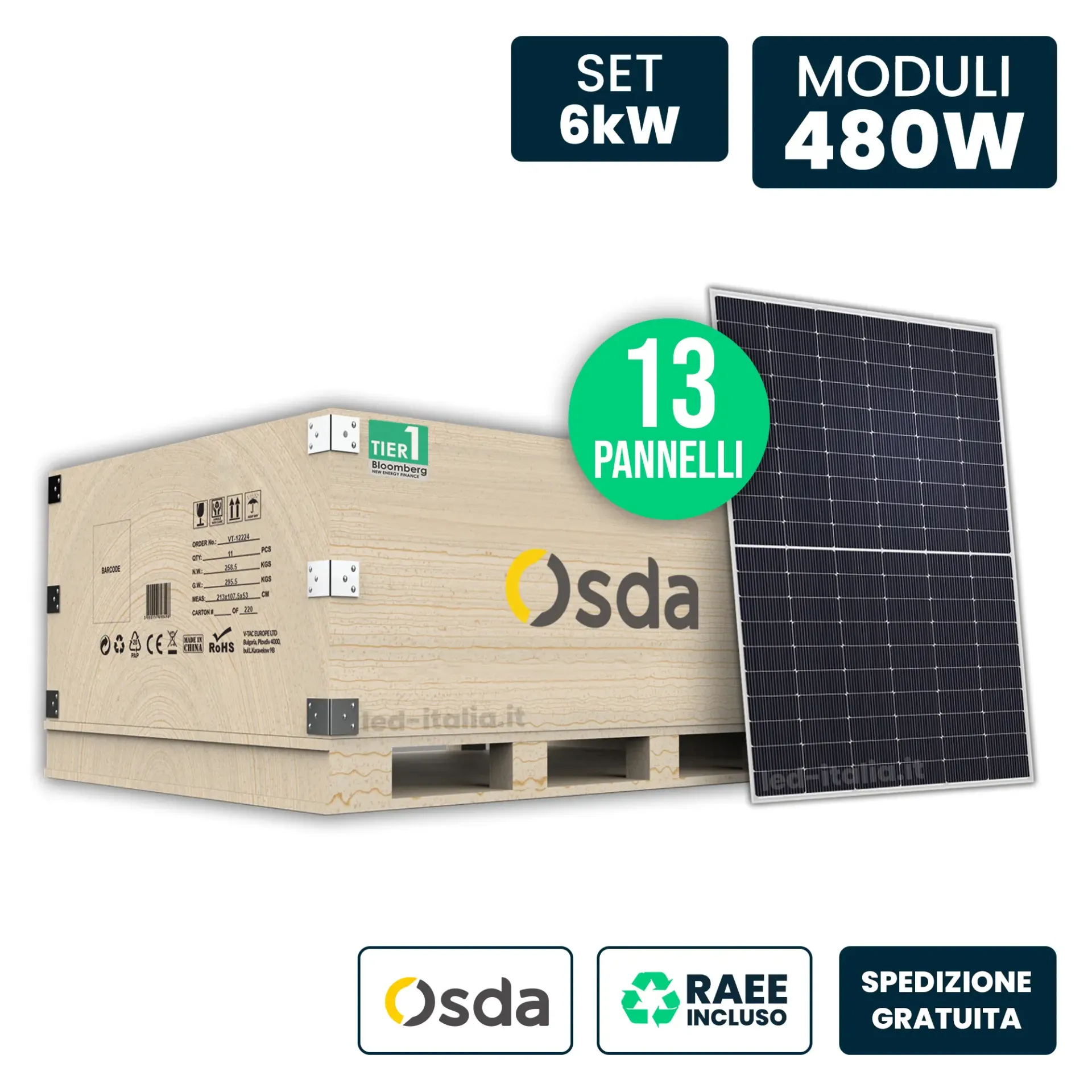 Set 6.24kW con 13 Pannelli Solari Fotovoltaici Moduli 480W OSDA Solar TIER-1 Monocristallino N-Type TOPCon Silver Frame/ 1903x1134x30mm, vista generale prodotto