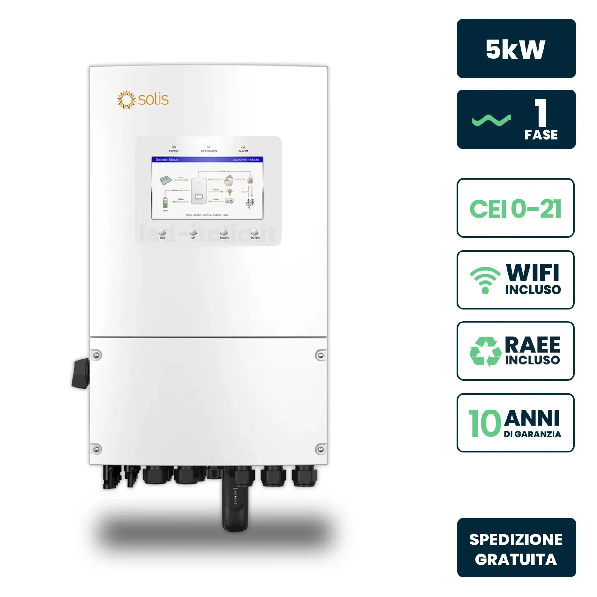 Inverter Fotovoltaico Solis Monofase Ibrido OnGrid-OffGrid 5kW Doppio MPPT CEI 021 Schermo LCD WiFi e TA Inclusi, vista frontale