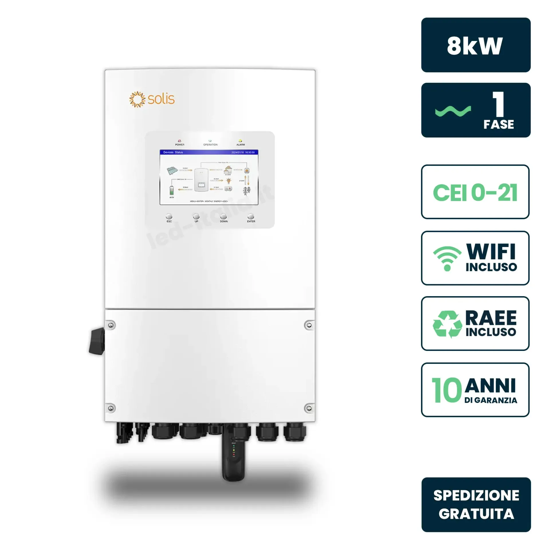 Inverter Fotovoltaico Solis Monofase Ibrido On-Grid/Off-Grid 8kW, Doppio MPPT, CEI 0-21, Schermo LCD, WiFi e TA Inclusi,, vista frontale