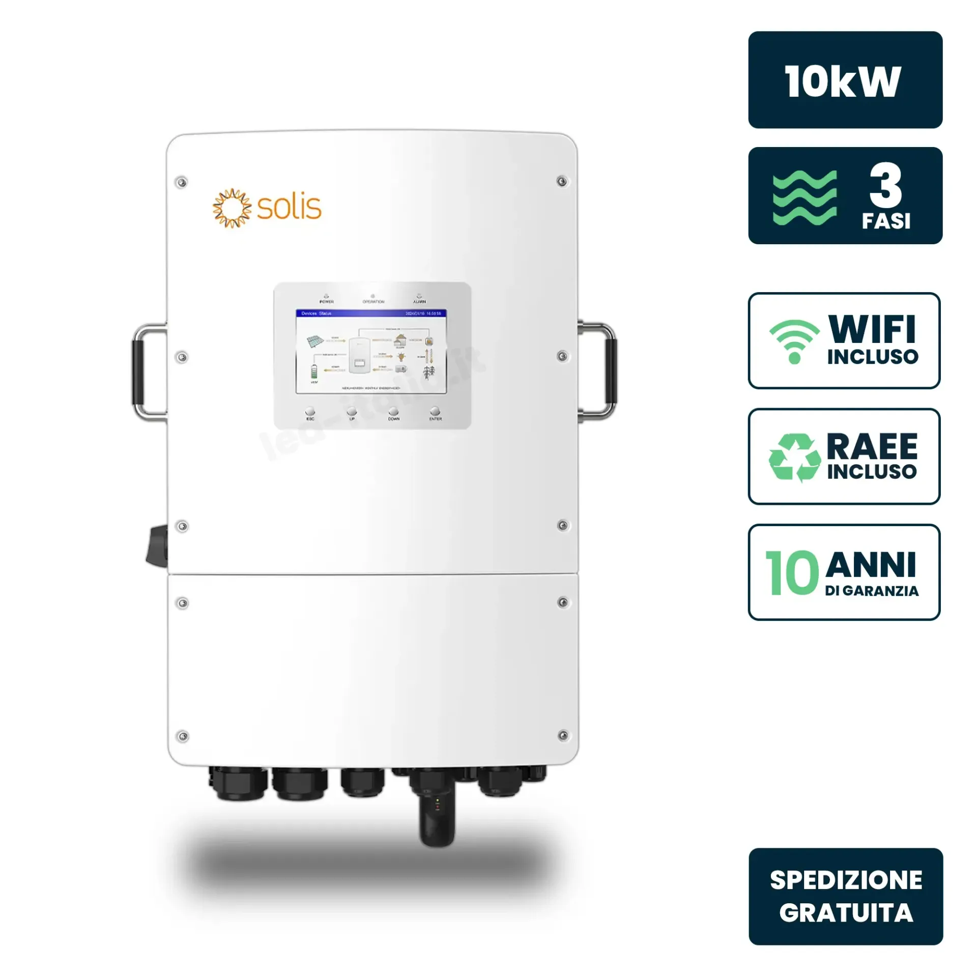 Inverter Fotovoltaico Solis Trifase Ibrido OnGrid-OffGrid 10kW Doppio MPPT Schermo LCD WiFi Meter e TA Inclusi, vista frontale