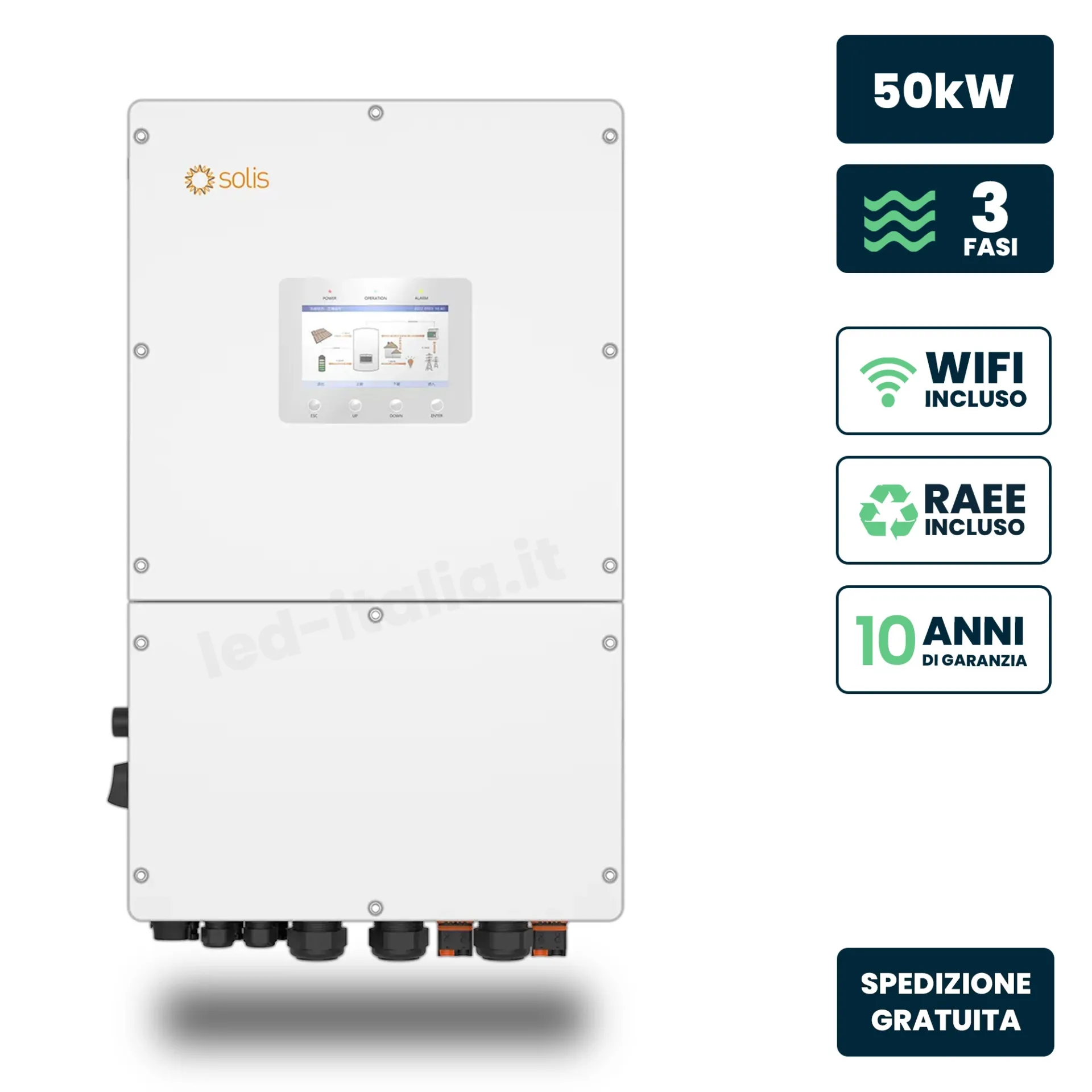 Inverter Fotovoltaico Alta Tensione Solis Trifase Ibrido OnGrid-OffGrid 50kW Quadruplo MPPT Schermo LCD WiFi Meter e TA Inclusi CEI 0 21, vista frontale