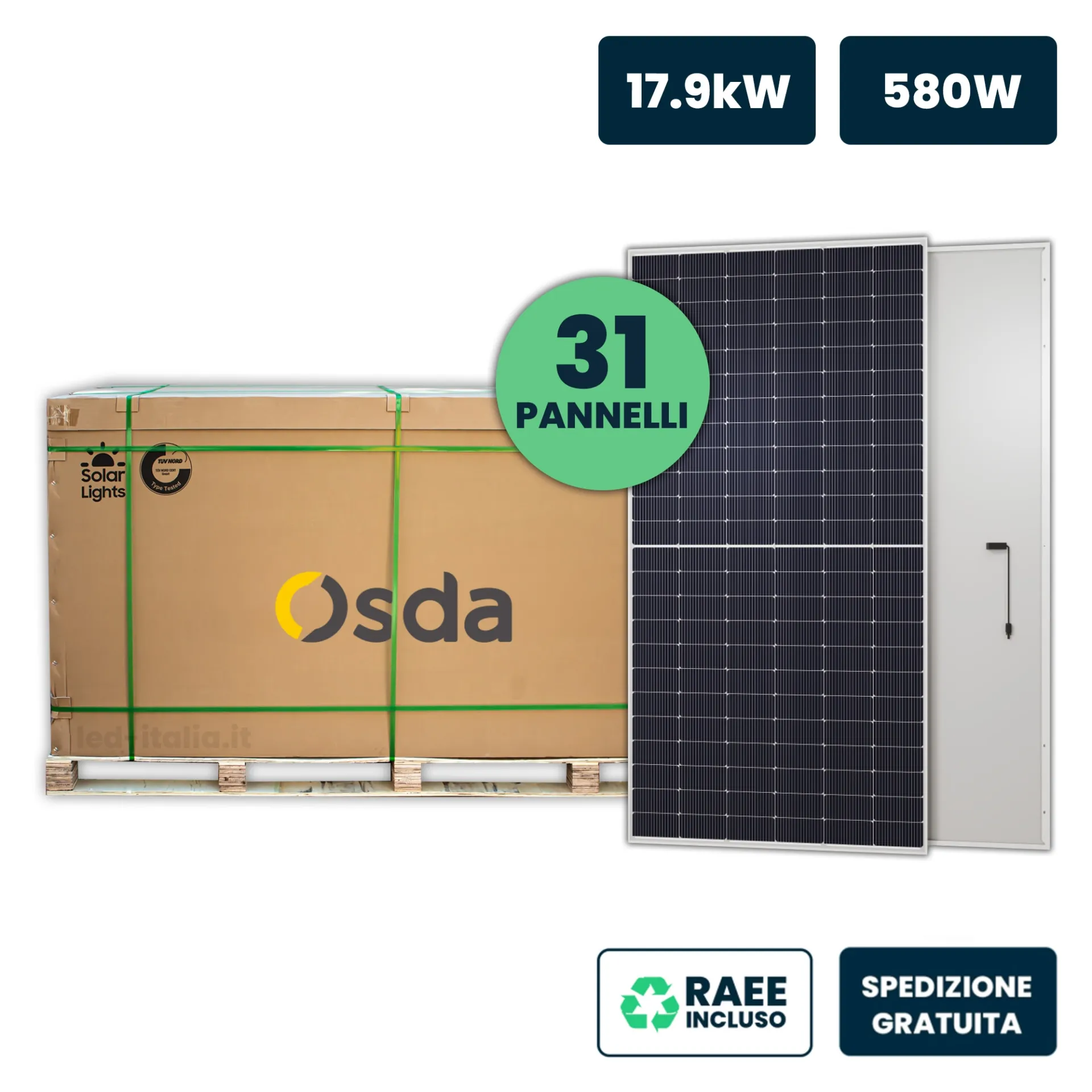 Bancale 18kW con 31 Pannelli Solari Fotovoltaici Moduli 580W OSDA Solar TIER-1 Monocristallini N-Type TOPCon Silver Frame/ 2278x1134x35mm, vista generale prodotto