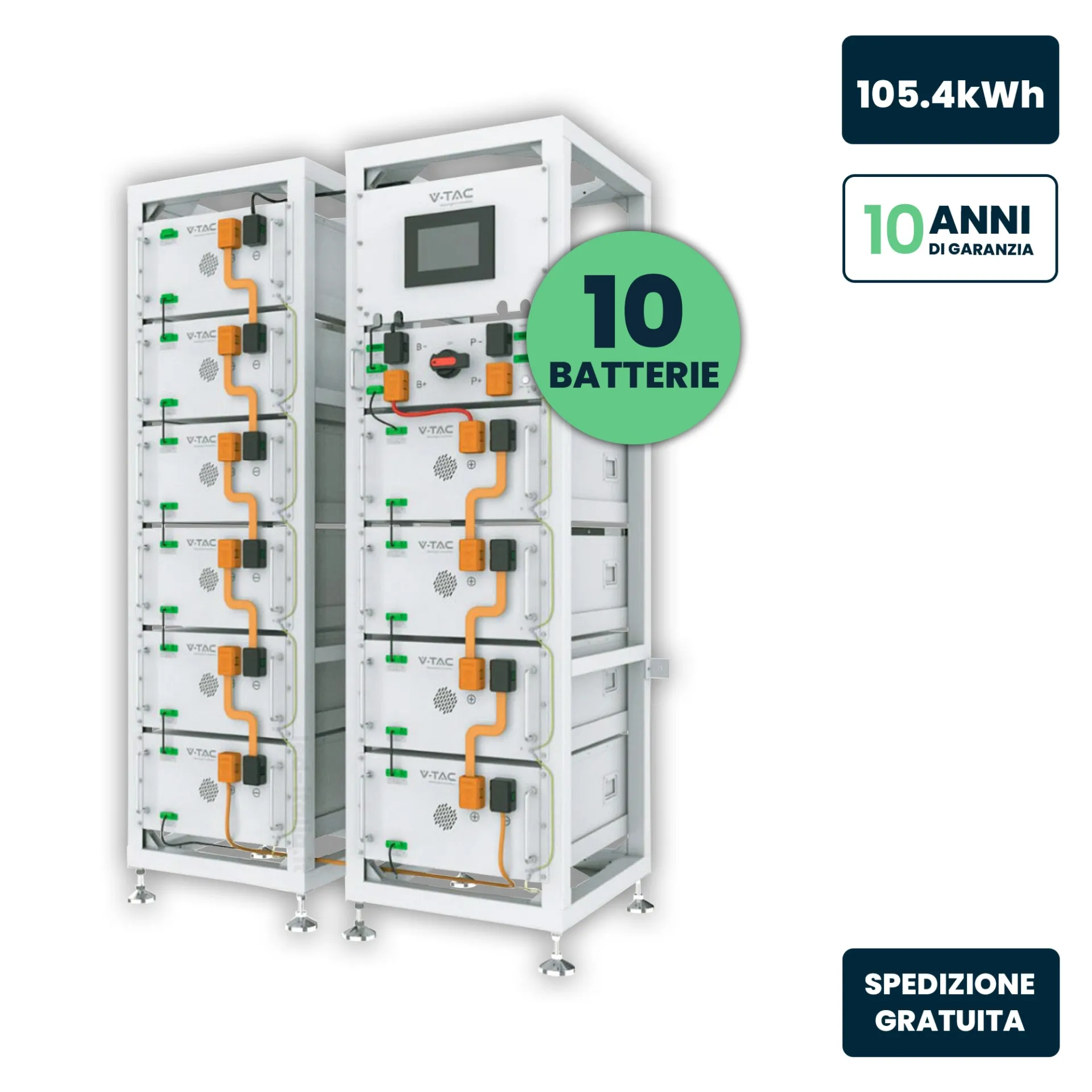 Kit Rack 10x Moduli di Accumulo Alta Tensione 105.4kWh LiFePO4 51.2V 206Ah con HV Box BMS, Cavi, Armadio,, vista frontale angolata