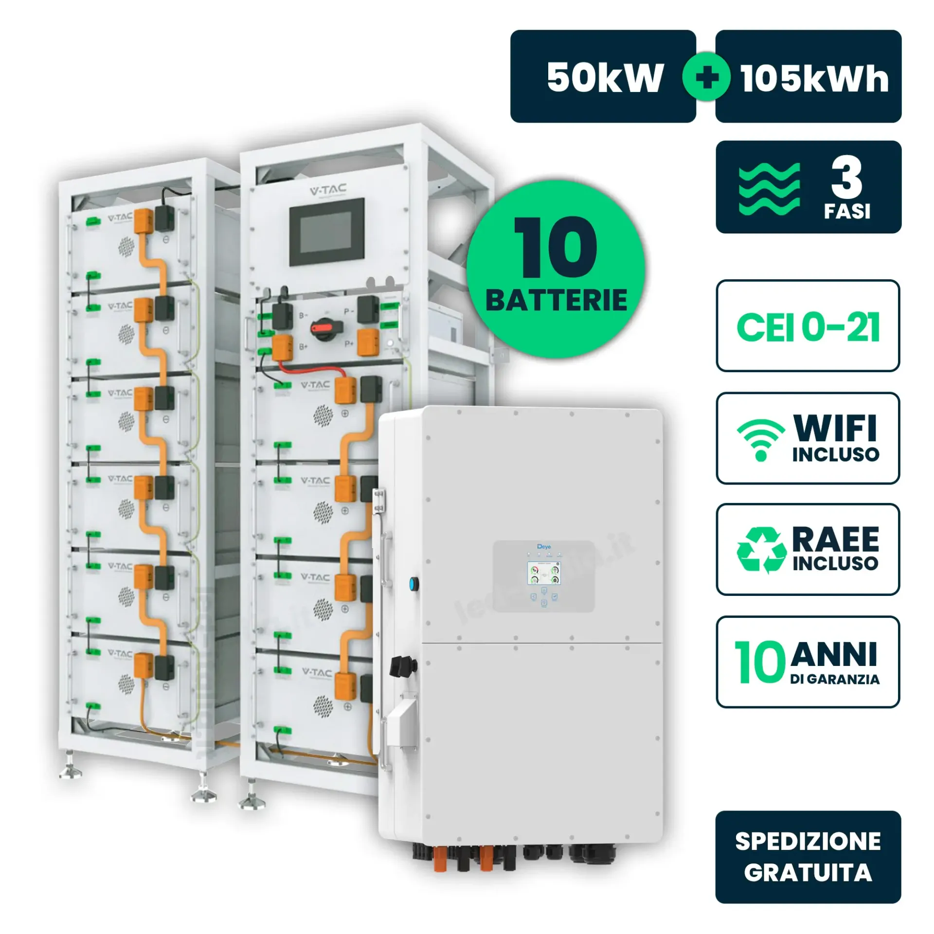 KIT Fotovoltaico Alta Tensione con Inverter Trifase Ibrido Deye 50kW, Accumulo 105.4kWh LFP, HV Box BMS Armadio Rack WiFi TA, vista frontale generale