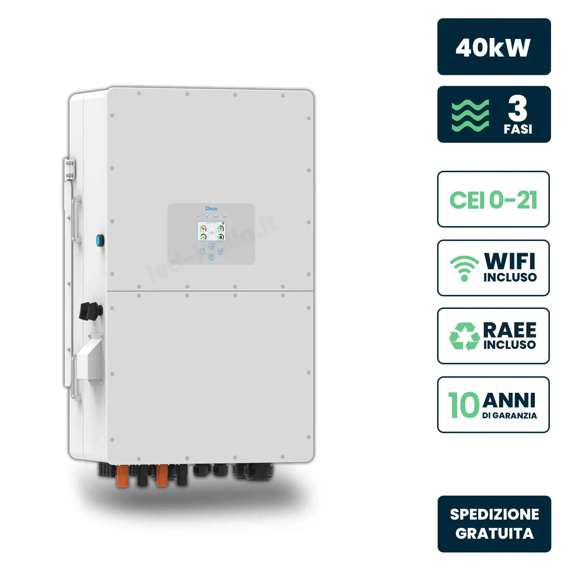 Inverter Fotovoltaico Alta Tensione Deye Trifase Ibrido OnGrid-OffGrid 40kW Quadruplo MPPT CEI 021 Schermo LCD Touch WiFi e TA Inclusi, vista frontale