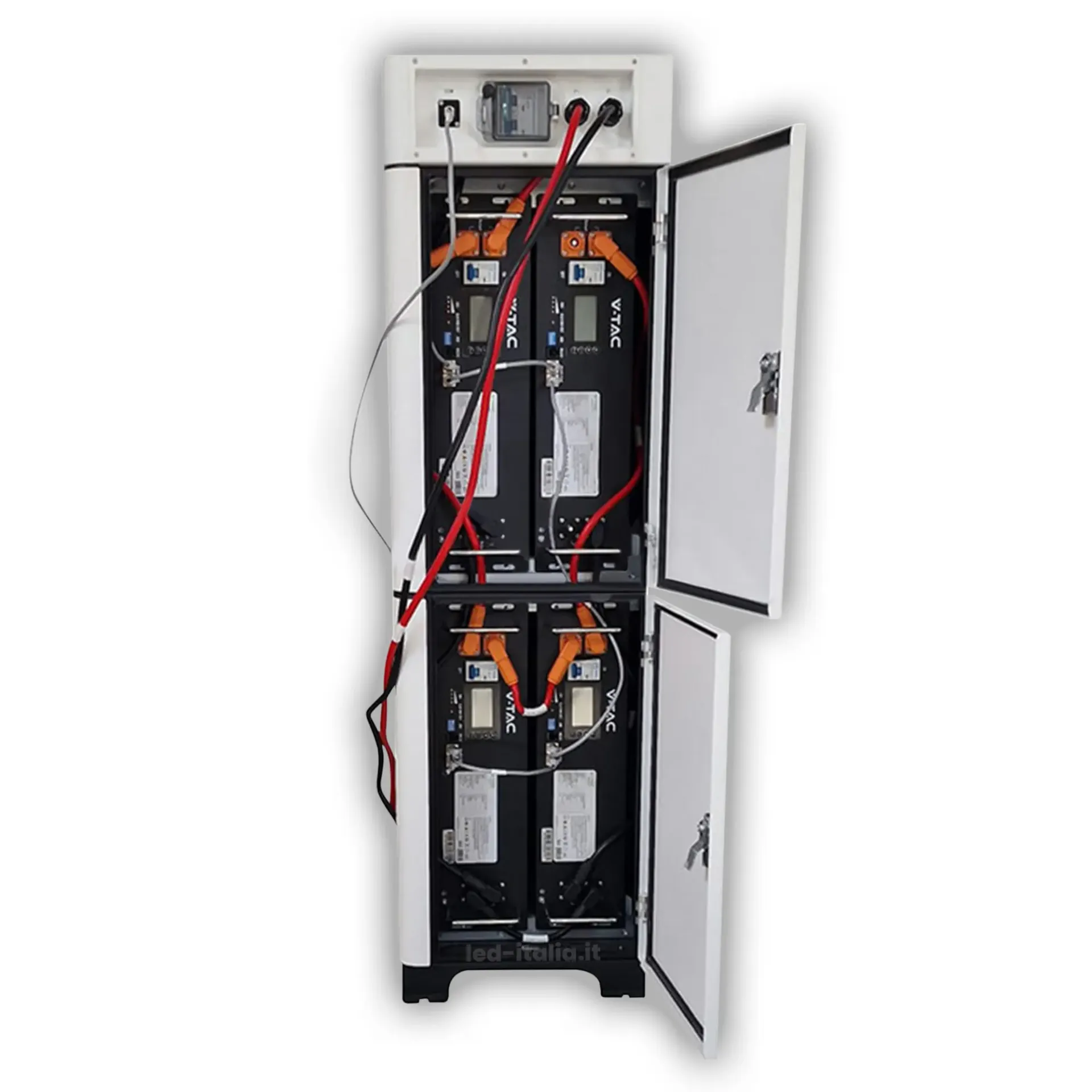 Armadio completo di Cablaggio per 4 Batterie di Accumulo Fotovoltaico compatibile con Moduli a Rack SKU 11377 (Max 100A), vista frontale aperto