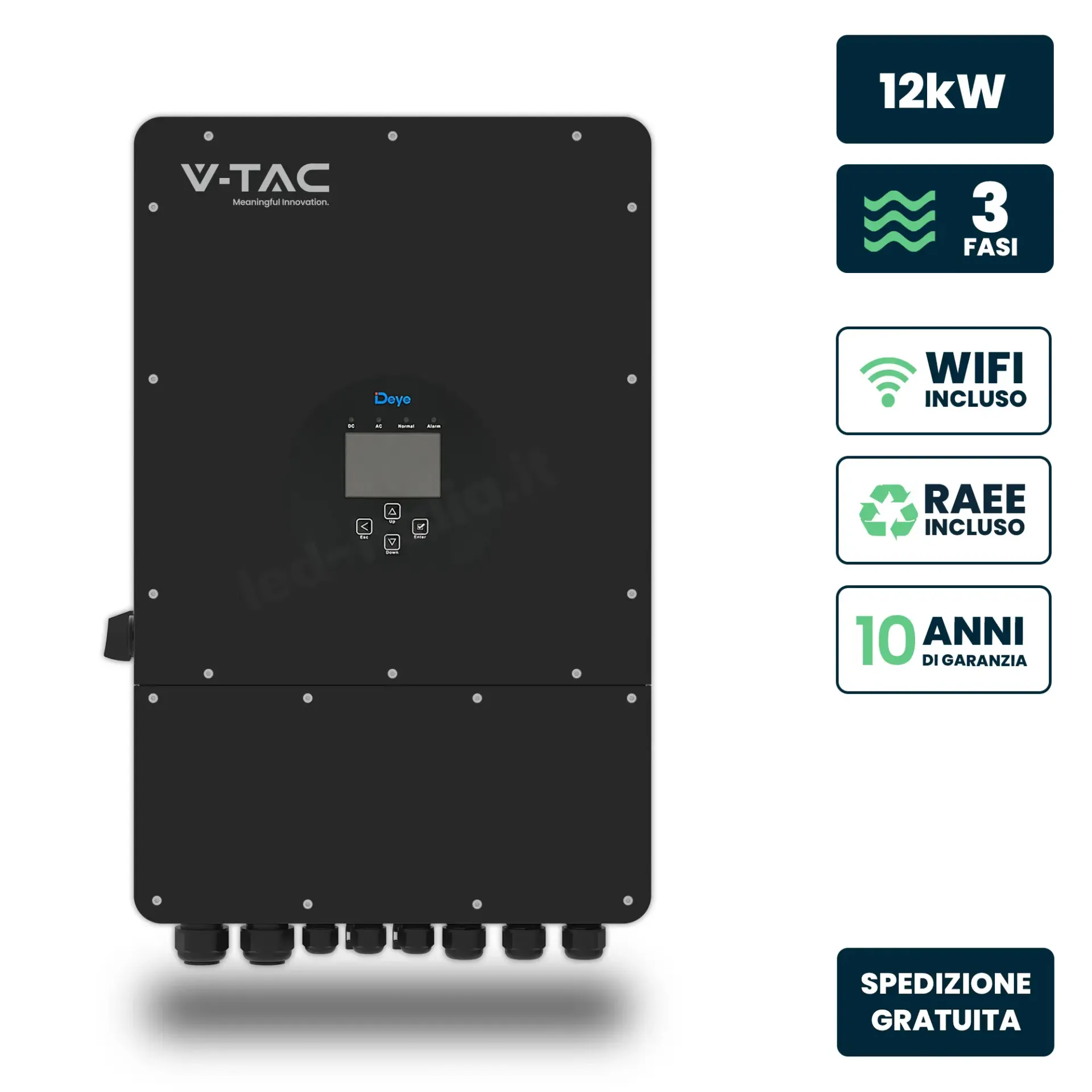 Inverter Fotovoltaico Deye Trifase Ibrido On-Grid/Off-Grid 12kW, Doppio MPPT, CEI 0-21, Schermo LCD Touch, WiFi e TA Inclusi, Nero, vista frontale