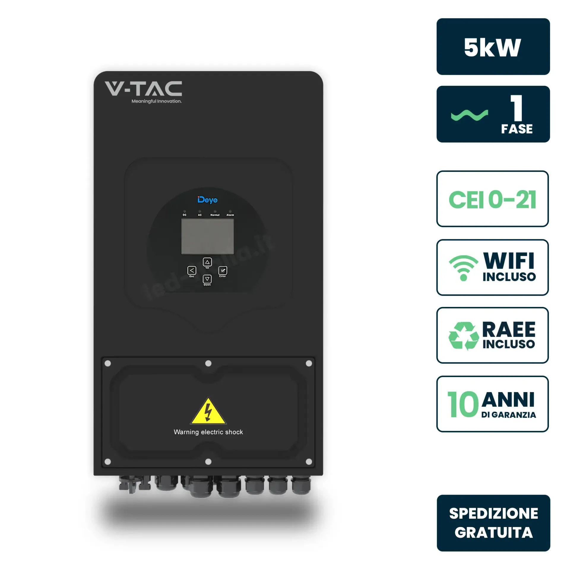 Inverter Fotovoltaico Deye Monofase Ibrido On-Grid/Off-Grid 5kW, Doppio MPPT, CEI 0-21, Schermo LCD Touch, WiFi e TA Inclusi, Nero, vista frontale