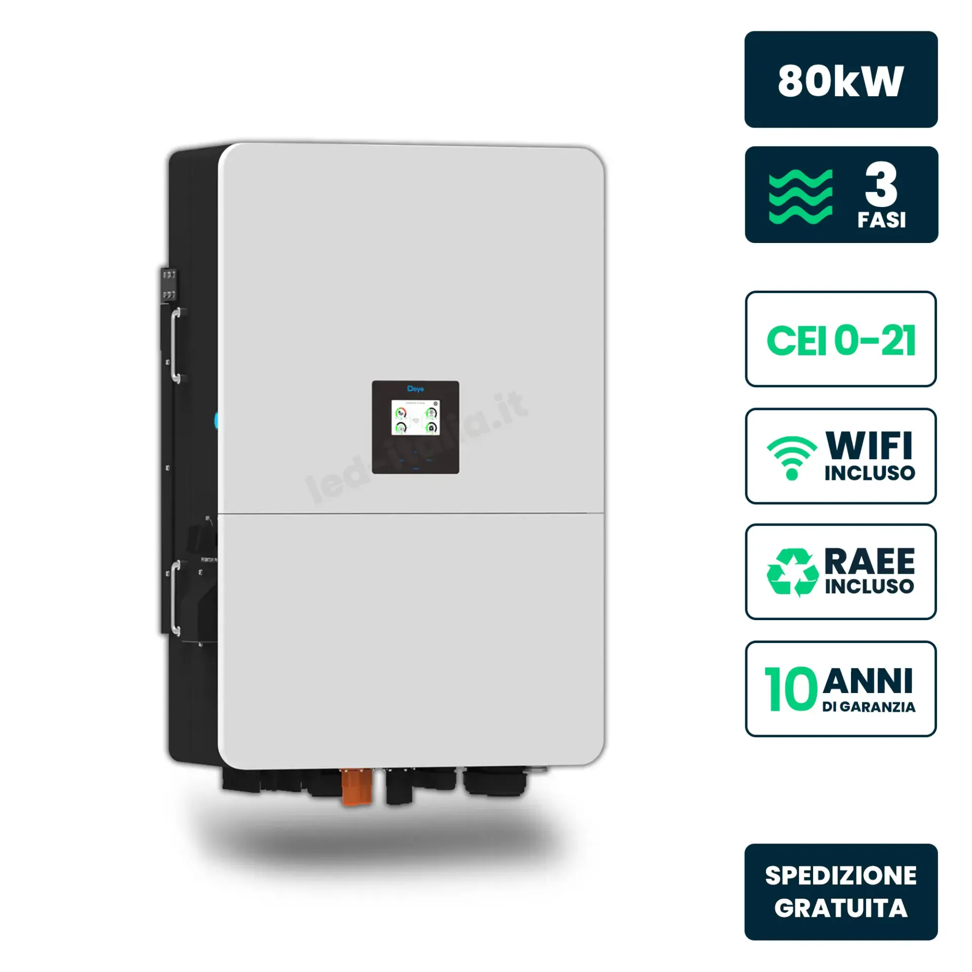 Inverter Fotovoltaico Alta Tensione Deye Trifase Ibrido On-Grid/Off-Grid 80kW, 6 MPPT, Schermo LCD Touch, WiFi e TA Inclusi,, vista frontale angolata