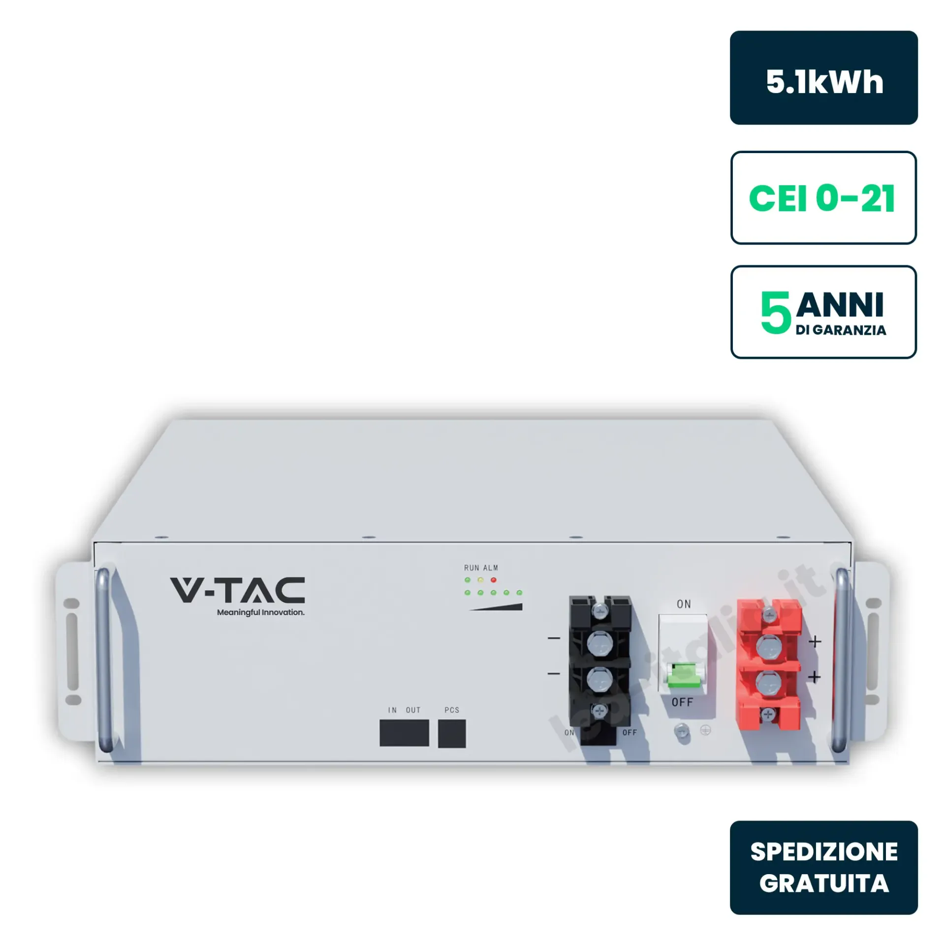 Batteria di Accumulo 5.12kWh 51.2V 100Ah LFP con BMS Modulo Rack Fotovoltaico CEI 0-21 Bianco, vista frontale