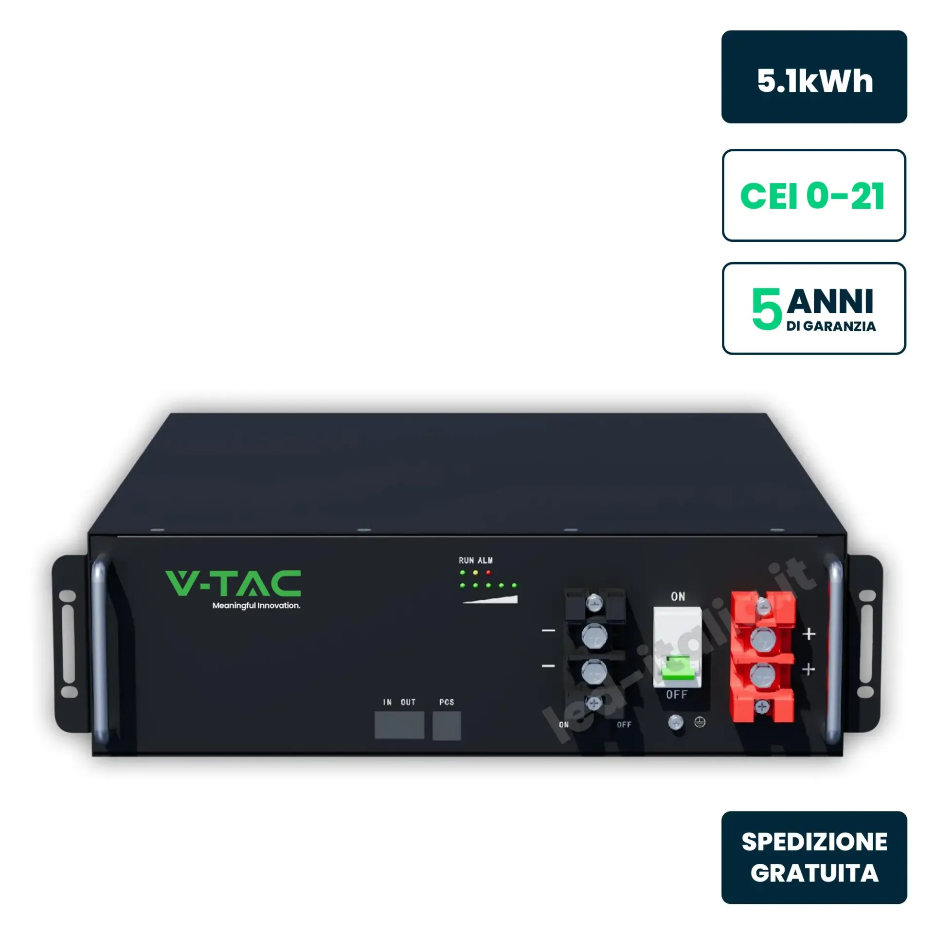 Batteria di Accumulo 5.12kWh 51.2V 100Ah LFP con BMS Modulo Rack Fotovoltaico CEI 0-21 Nero, vista generale
