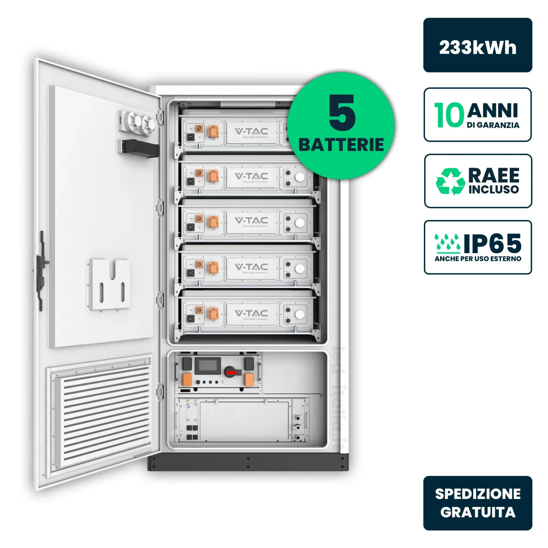 Kit Armadio Rack di Accumulo Alta Tensione 233kWh LiFePO4 280Ah Raffreddamento a Liquido, vista frontale aperto