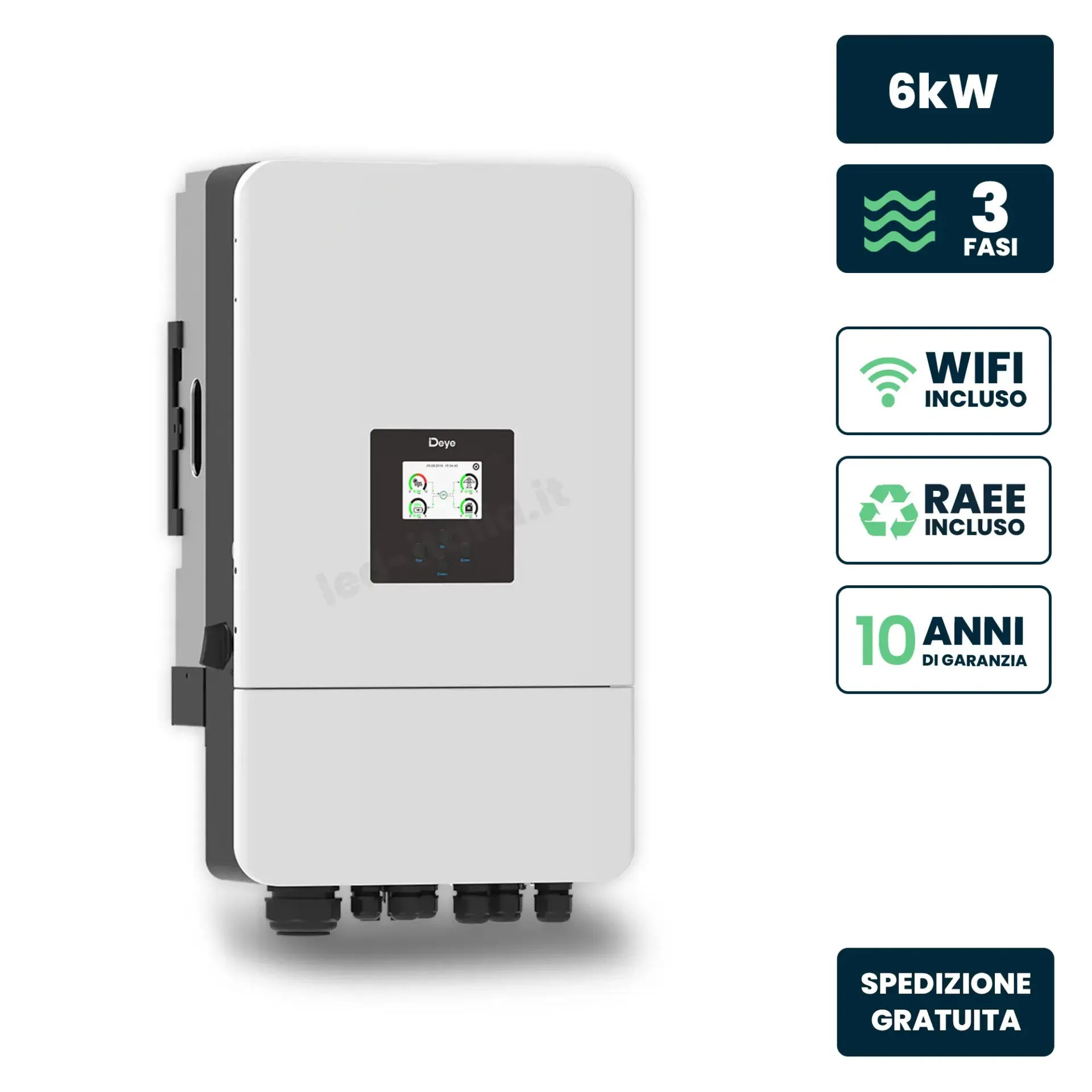 Inverter Fotovoltaico Deye Trifase Ibrido On-Grid/Off-Grid 6kW Doppio MPPT Schermo LCD Touch WiFi e TA Inclusi, vista frontale