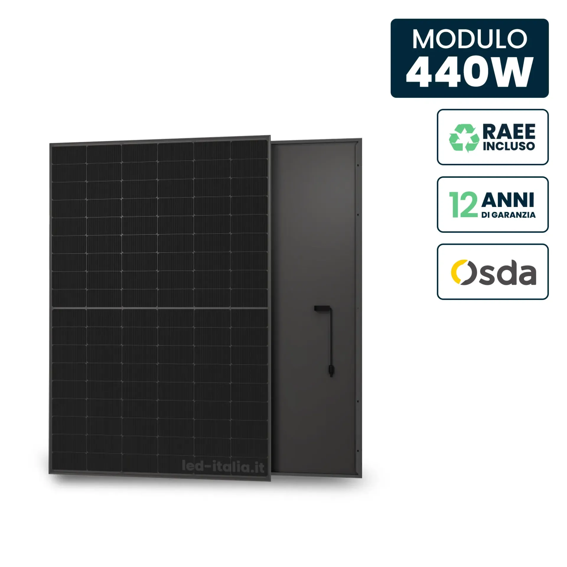 Fotovoltaico (varie) Modulo pannello solare V-TAC ODA440-27V-MHB Full Black, vista frontale e retro