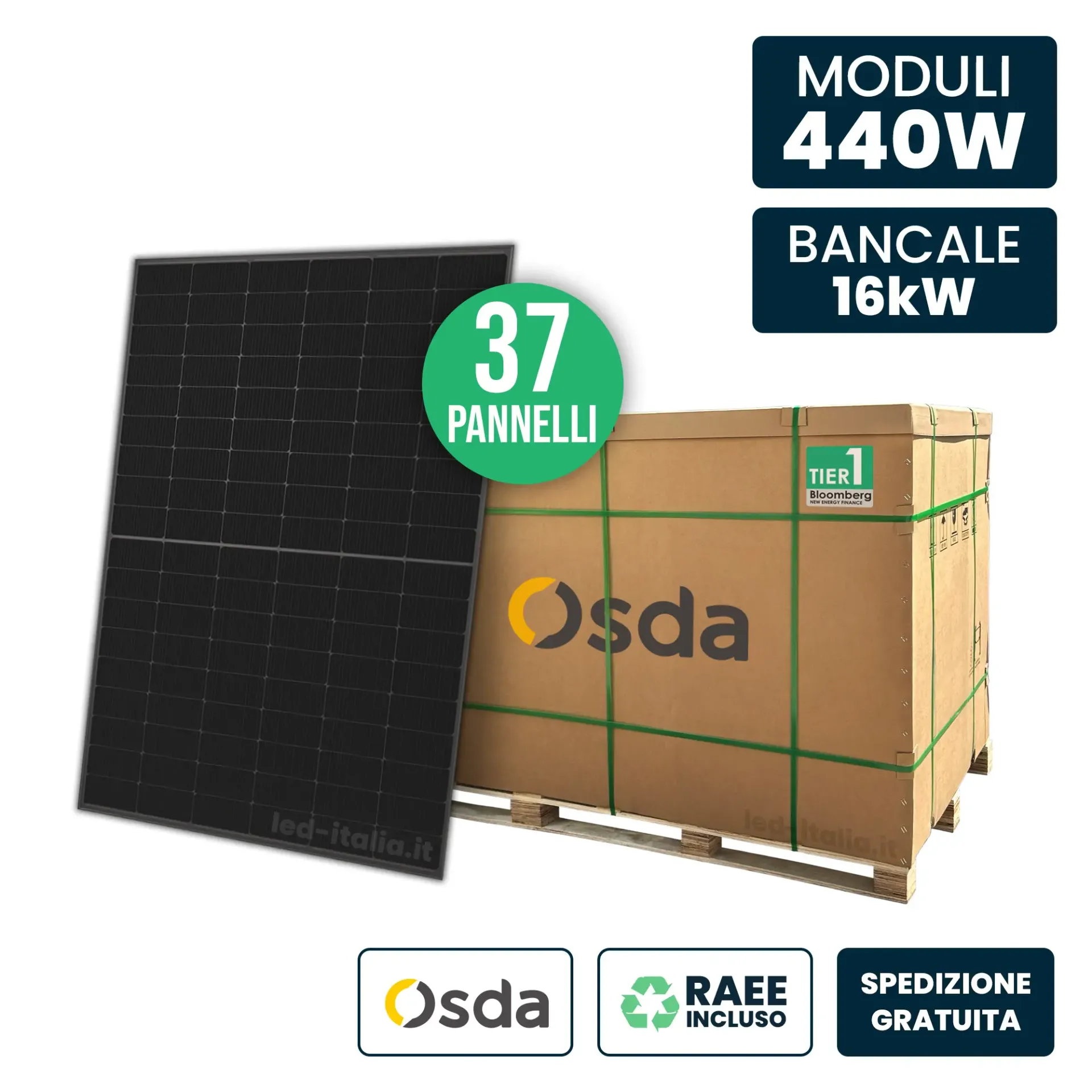 Fotovoltaico pallet 16kW con 37 pannelli OSDA 440W Full Black, vista generale prodotto e pallet