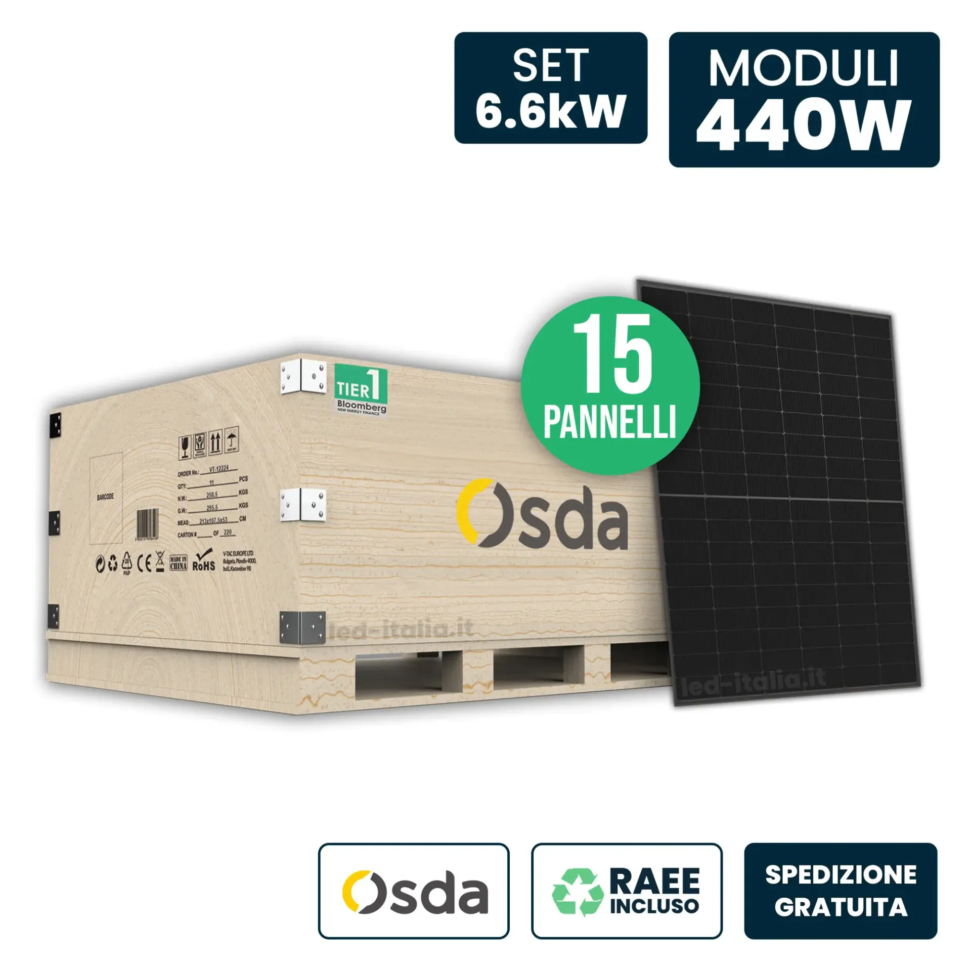 Fotovoltaico (varie): Set 6kW con 15 pannelli OSDA 440W Full Black, vista angolata del set