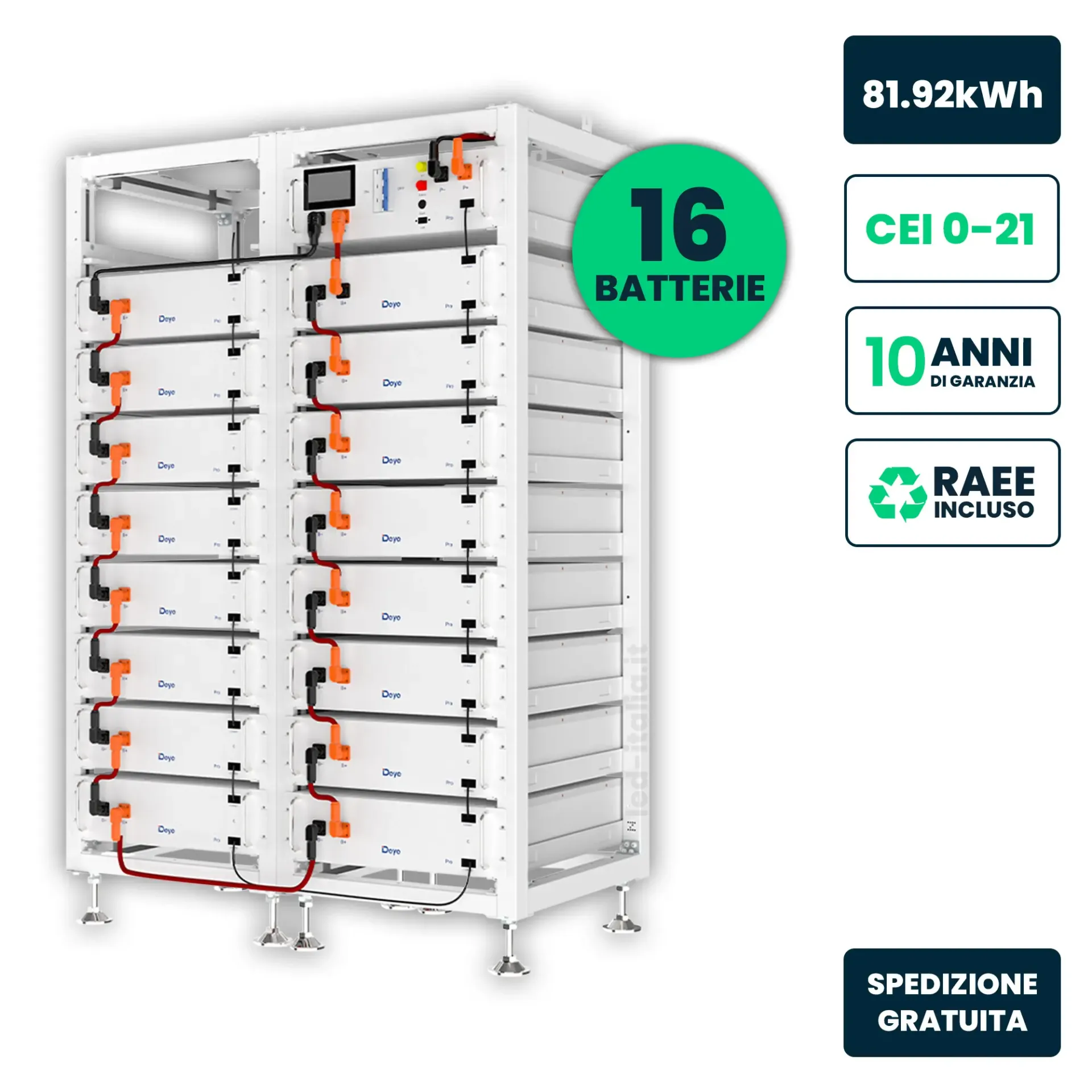 Kit Armadio Rack di Accumulo Deye Alta Tensione 81.92kWh LiFePO4 51.2V 100Ah CEI 0-21, vista frontale