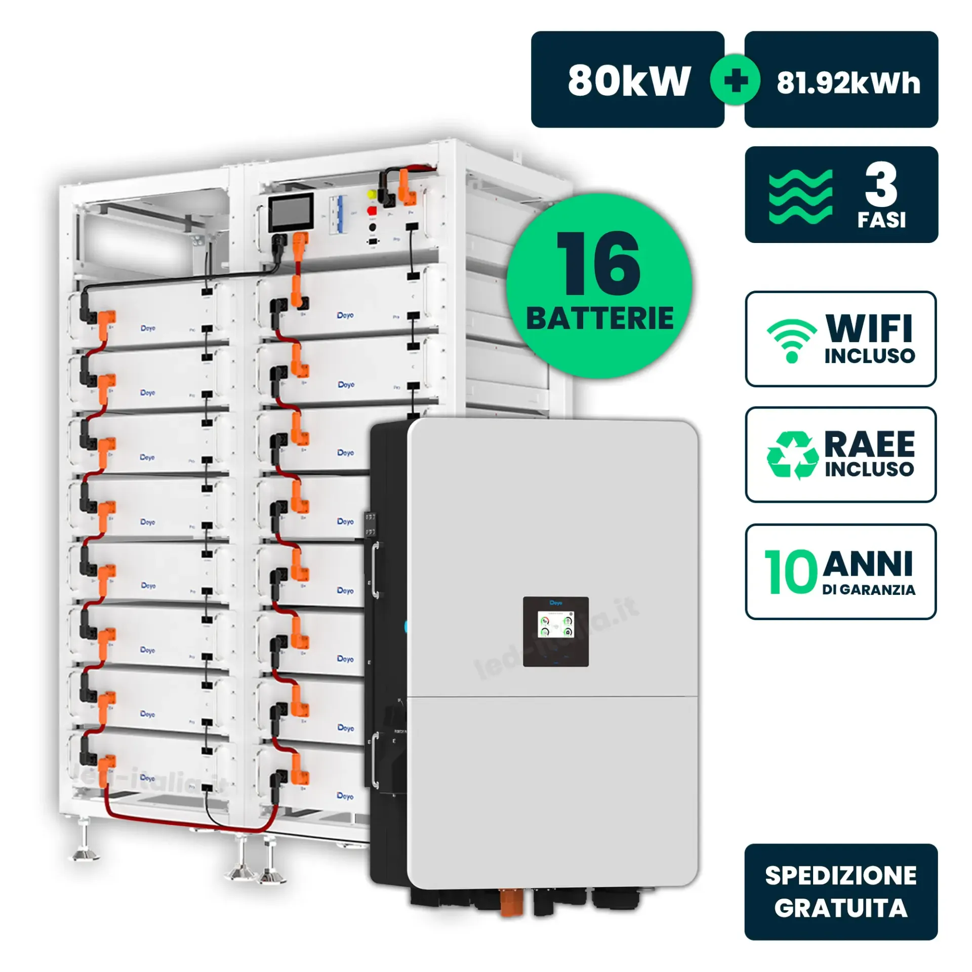 KIT Fotovoltaico Alta Tensione Trifase 80kW + 82kWh Inverter Ibrido Deye e Armadio di Accumulo LFP WiFi TA, vista frontale del sistema completo