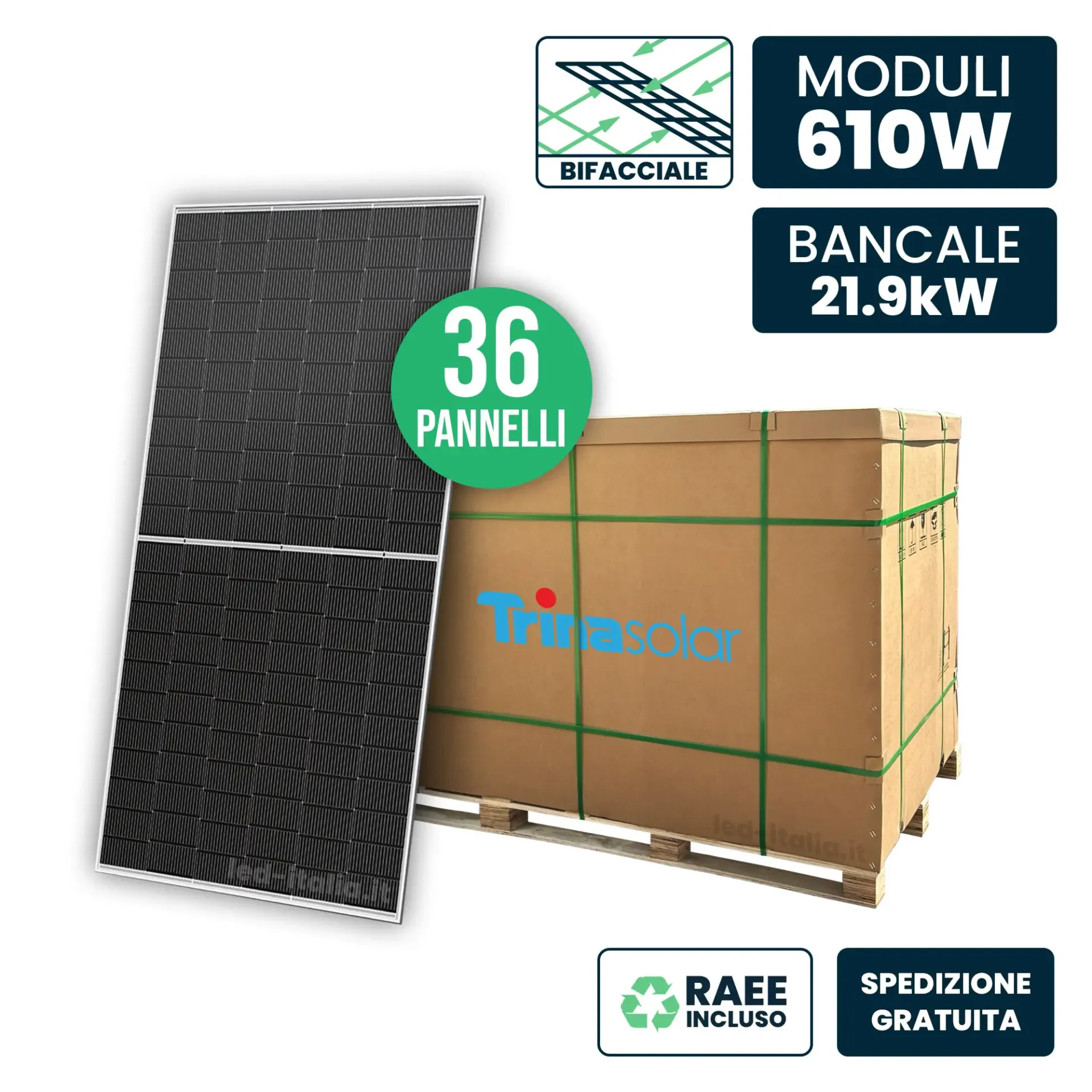 Fotovoltaico (varie) bancale Trina Solar Vertex N 36 pannelli, vista generale con scatola