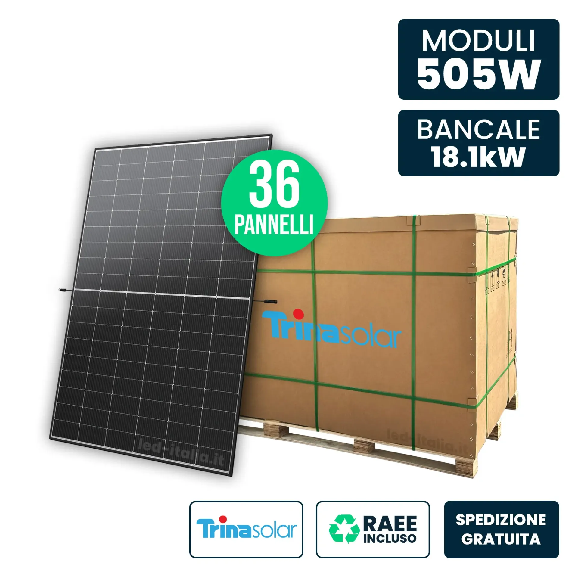 Bancale 18kW con 36 Pannelli Solari 505W Trina Vertex S+ i-TOPCon Doppio Vetro Black Frame 1961x1134x30mm, vista del bancale e pannello