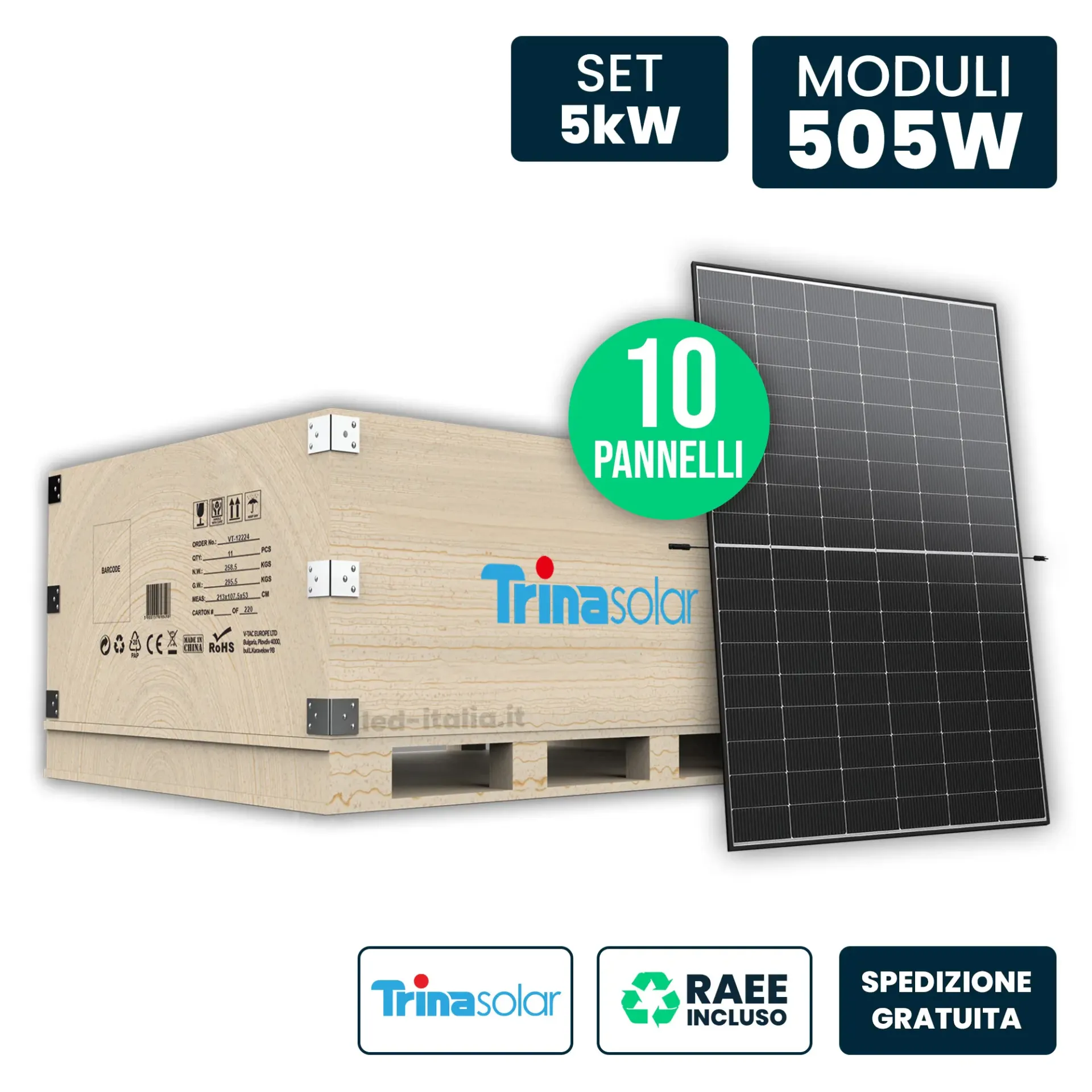 Set 5kW con 10 Pannelli Solari 505W Trina Vertex S+ i-TOPCon Doppio Vetro Black Frame 1961x1134x30mm, vista generale del set