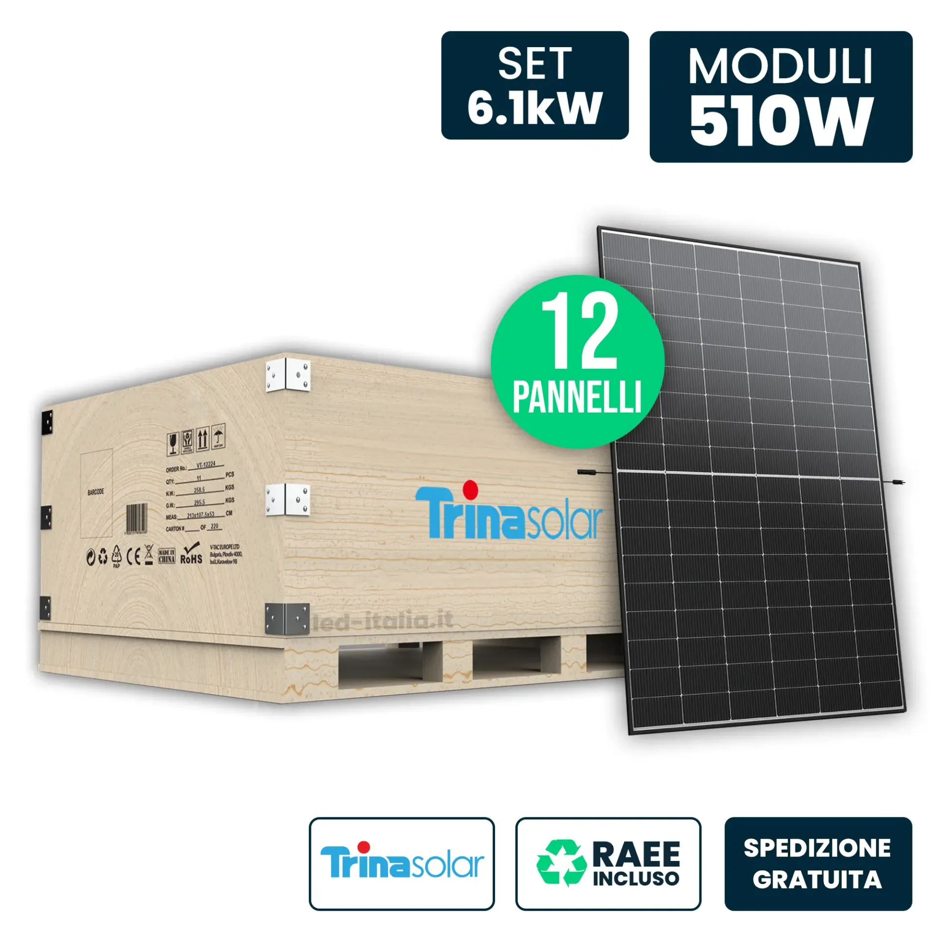 Set 6kW con 12 Moduli 510W Trina TOPCon Doppio Vetro Black 1961x1134x30mm, vista generale prodotto