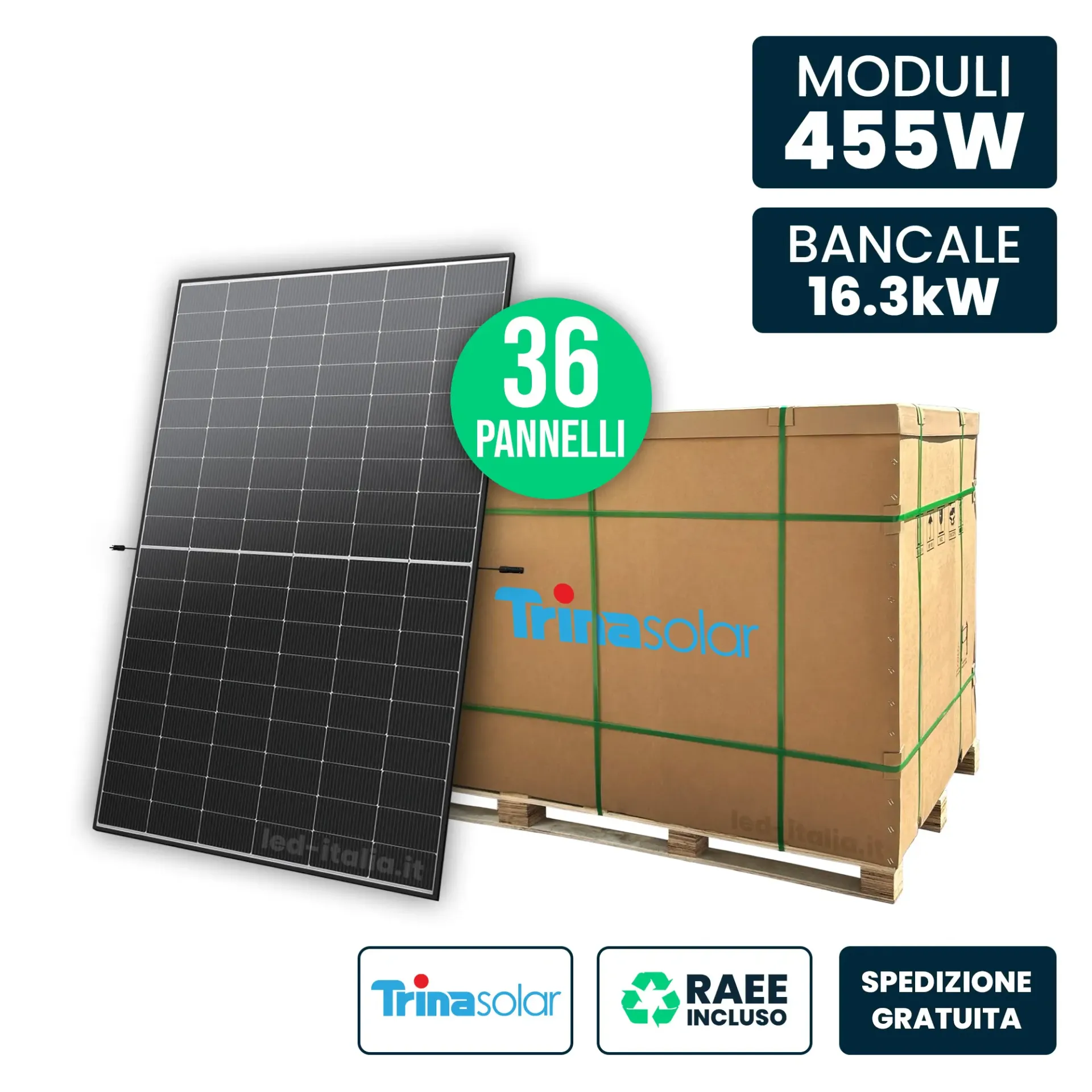 Bancale 16kW con 36 Pannelli Solari 455W Trina Vertex S+ i-TOPCon Doppio Vetro Black Frame 1961x1134x30mm, vista generale prodotto