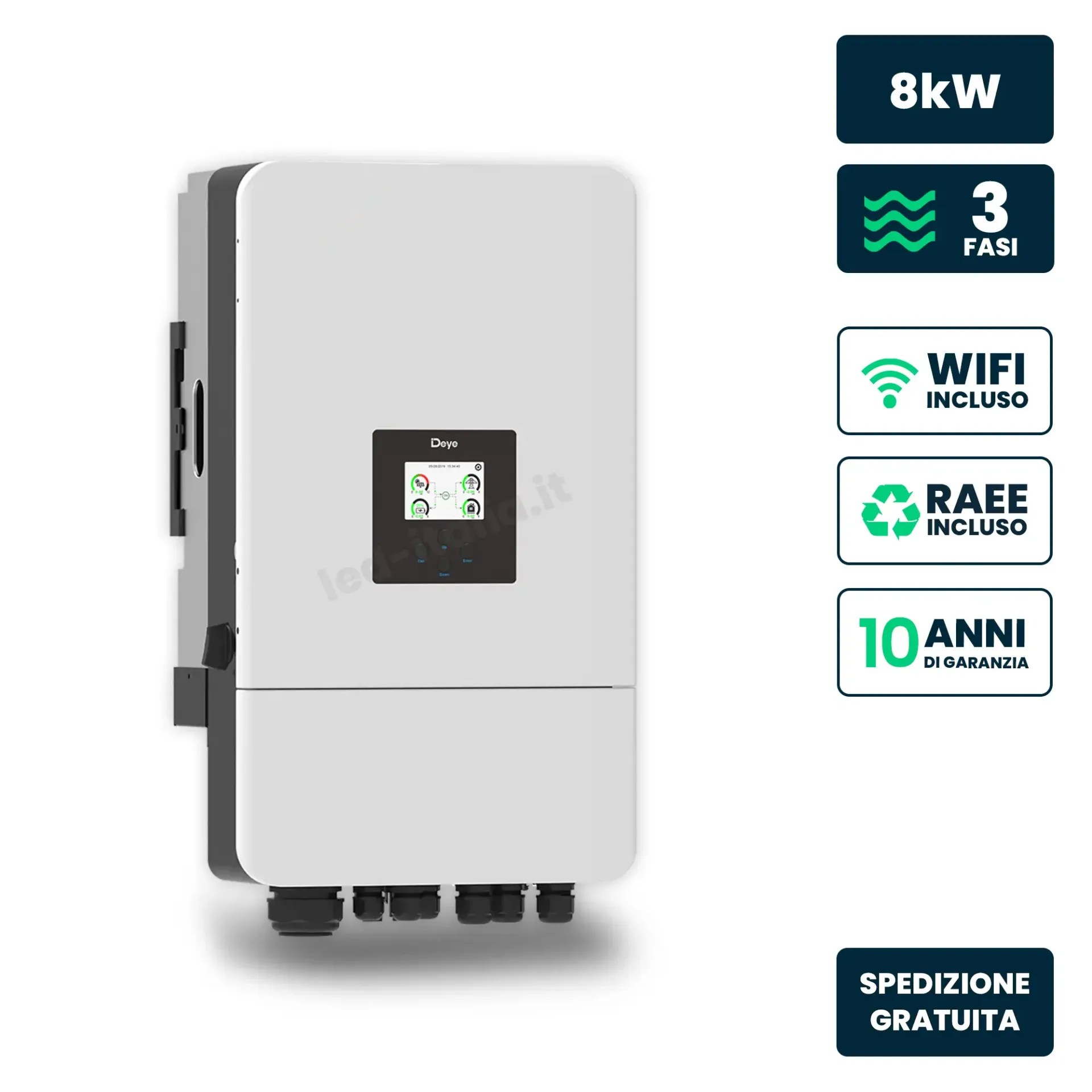 Inverter Fotovoltaico Deye Trifase Ibrido On-Grid/Off-Grid 8kW Doppio MPPT Schermo LCD Touch WiFi e TA Inclusi, vista frontale