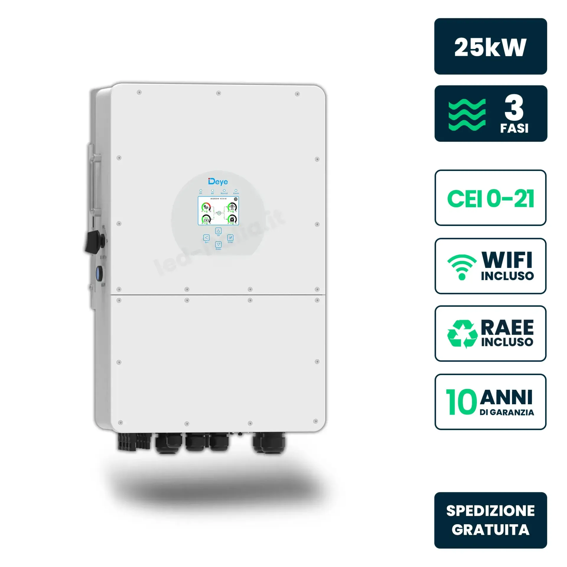 Inverter Fotovoltaico Alta Tensione Deye Trifase Ibrido OnGrid-OffGrid 25kW Doppip MPPT CEI 0-21 Schermo LCD Touch WiFi e TA Inclusi, vista frontale angolata