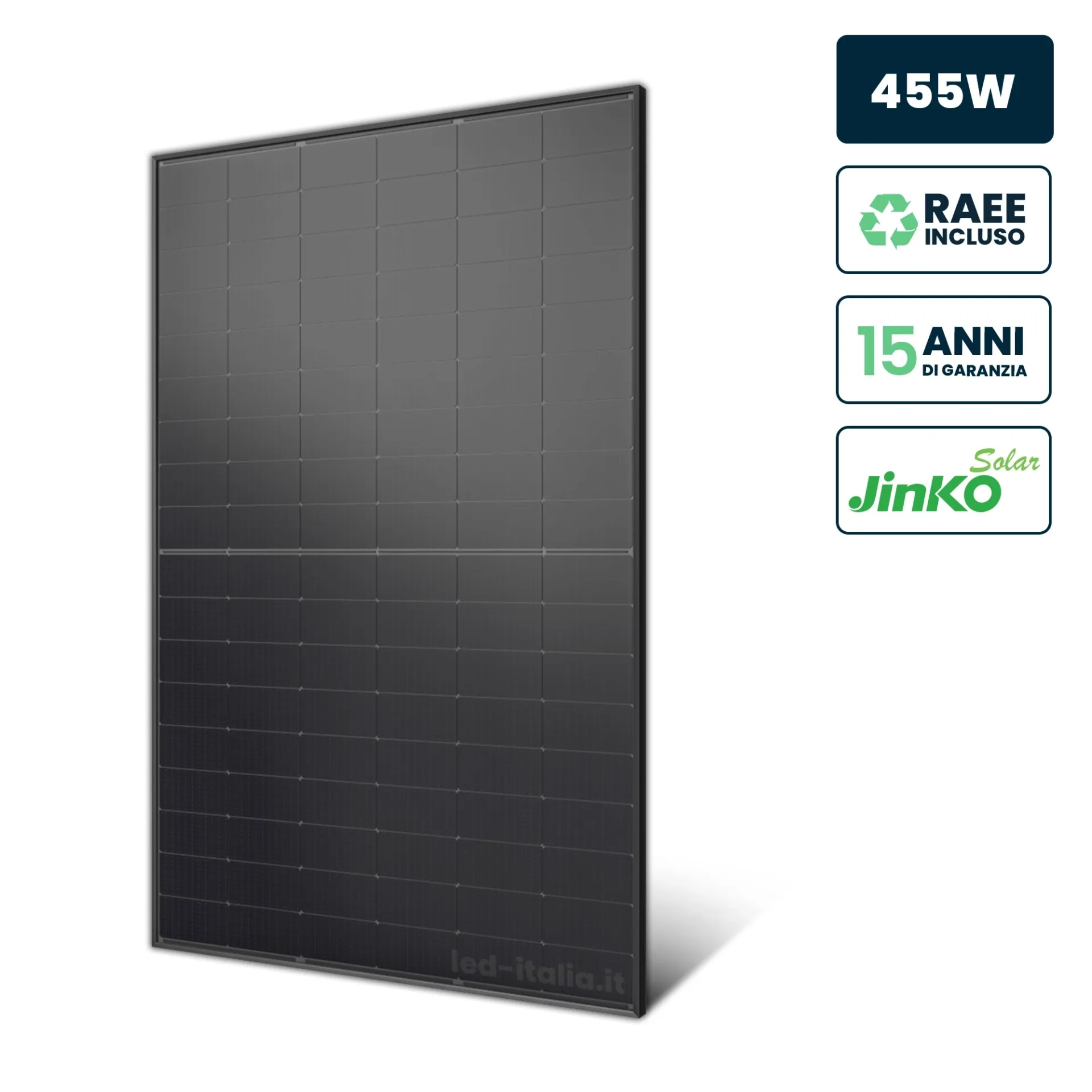 Pannello Solare Fotovoltaico Modulo 455W JINKO Solar TIER-1 Tiger Neo Monocristallino N-Type TOPCon Black Frame/ 1762x1134x30mm, vista frontale angolata