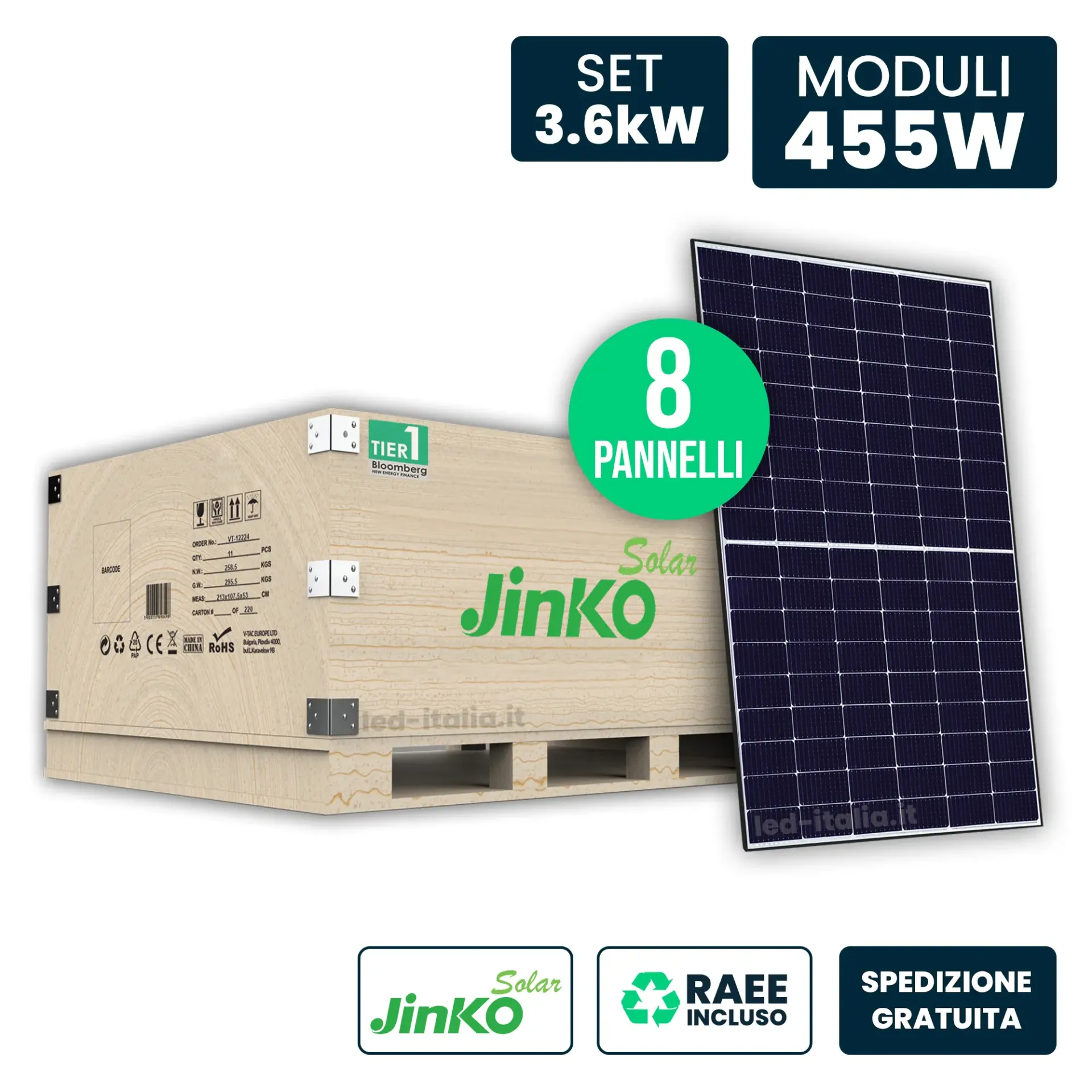 Set 4.1kW con 9 Pannelli Solari Fotovoltaici Moduli 455W JINKO Solar TIER-1 Tiger Neo Monocristallini N-Type TOPCon Black Frame/ 1762x1134x30mm, vista generale componenti