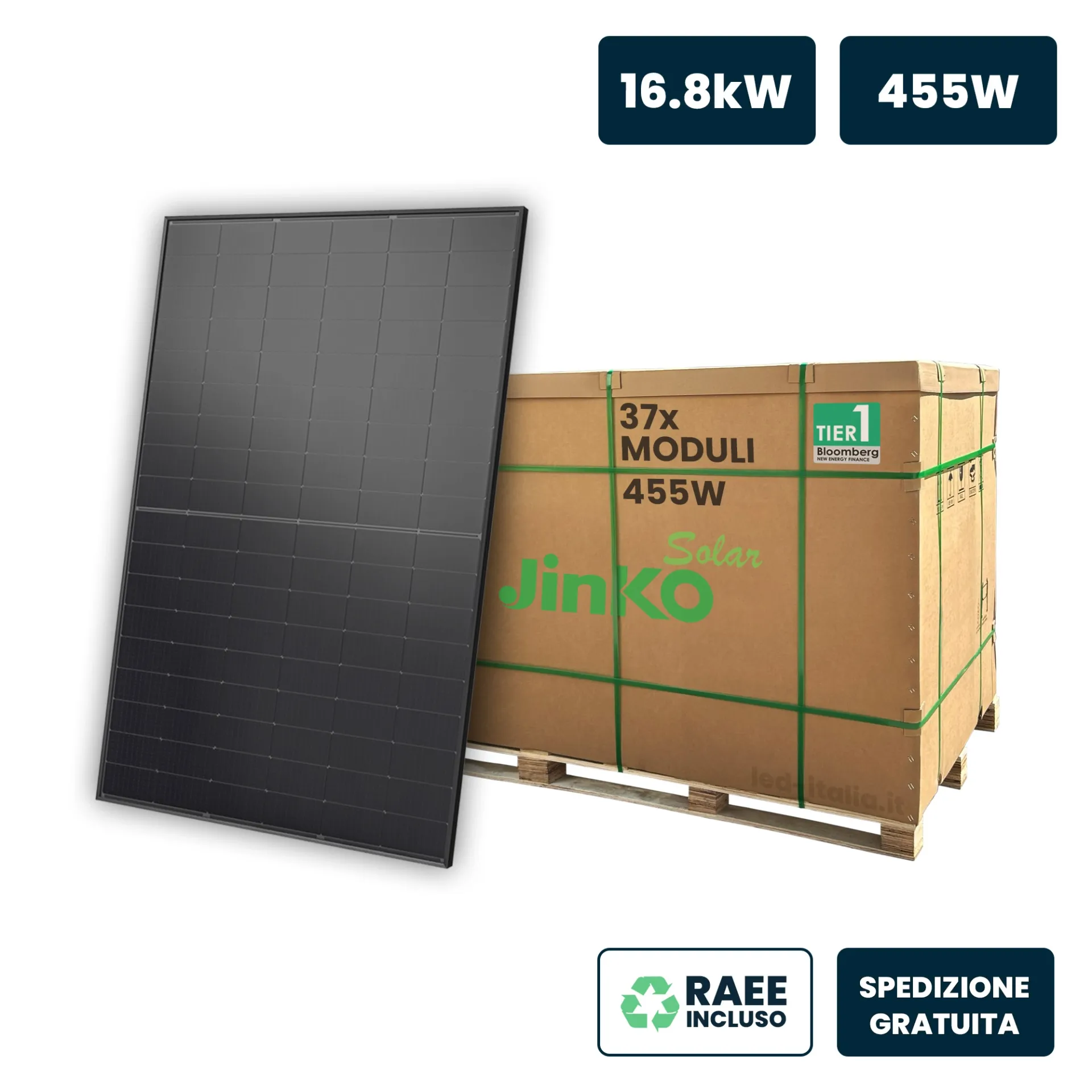 Bancale 16kW con 37 Pannelli Solari Fotovoltaici Moduli 455W JINKO Solar TIER-1 Tiger Neo Monocristallini N-Type TOPCon Black Frame/ 1762x1134x30mm, vista generale con bancale