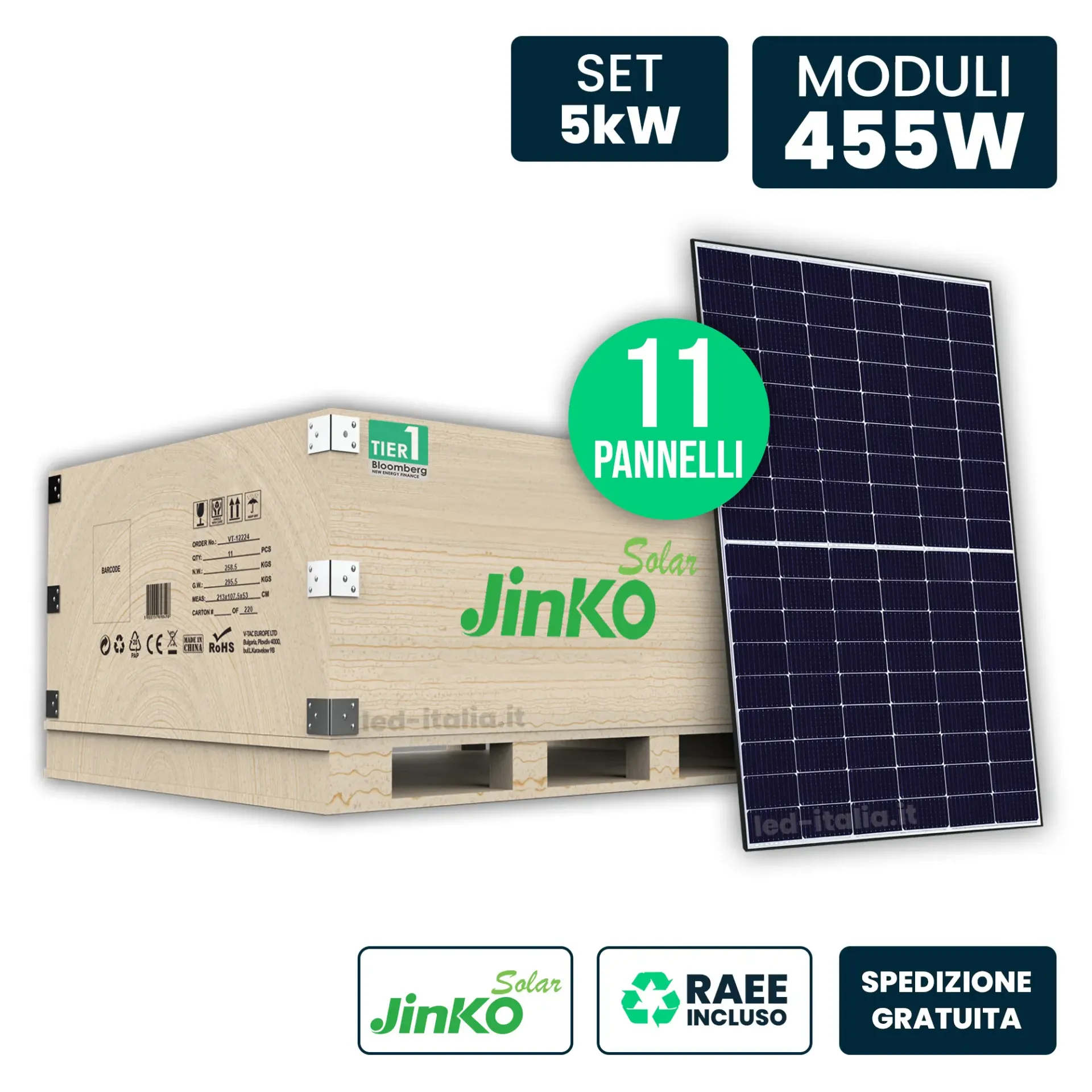 Set 5.9kW con 13 Pannelli Solari Fotovoltaici Moduli 455W JINKO Solar TIER-1 Tiger Neo Monocristallini N-Type TOPCon Black Frame/ 1762x1134x30mm, vista generale prodotto