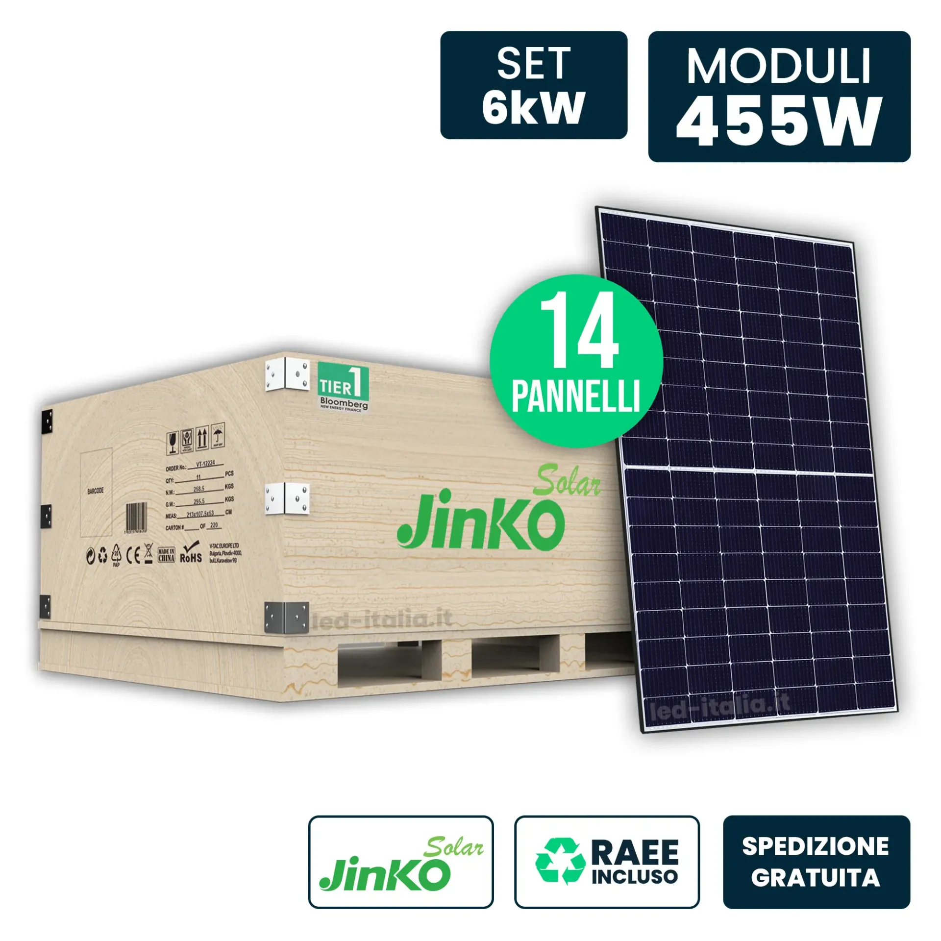 Set 6kW con 14 Pannelli Solari Fotovoltaici Moduli 455W JINKO Solar TIER-1 Tiger Neo Monocristallini N-Type TOPCon Black Frame/ 1762x1134x30mm, vista generale prodotto