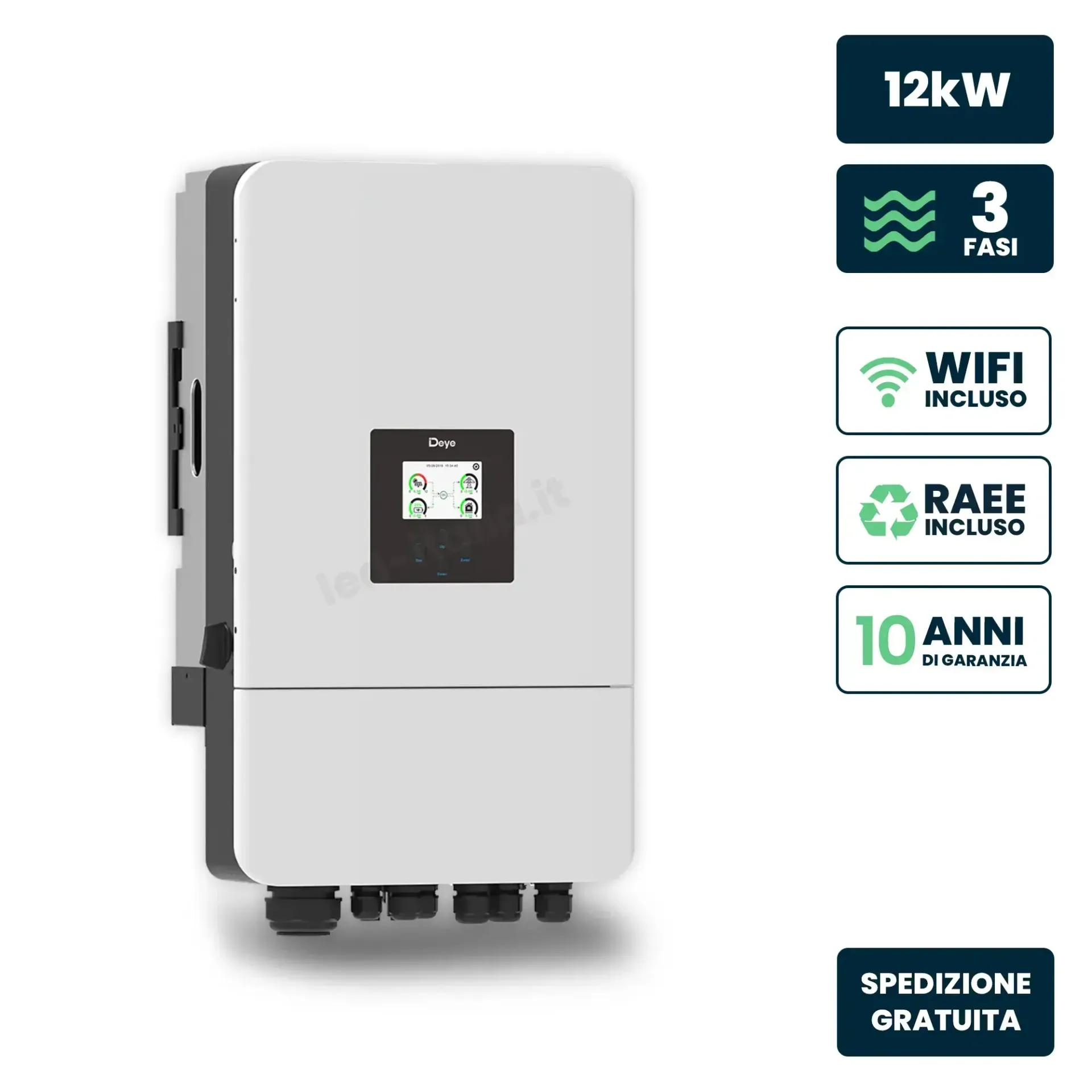Inverter Fotovoltaico Deye Trifase Ibrido On-Grid/Off-Grid 12kW Doppio MPPT Schermo LCD Touch WiFi e TA Inclusi, vista frontale