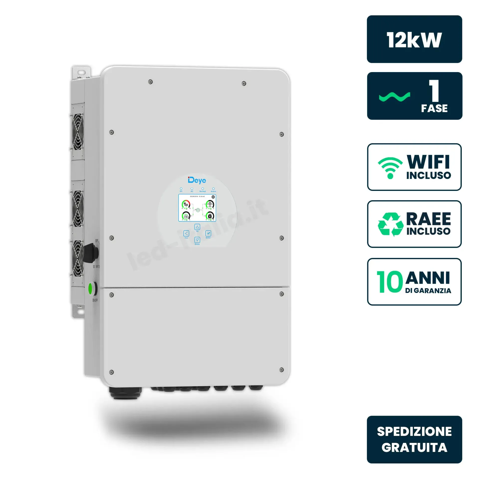 Inverter Fotovoltaico Deye Monofase Ibrido OnGrid-OffGrid 12kW Triplo MPPT Senza CEI 021 Schermo LCD Touch WiFi e TA Inclusi, vista frontale
