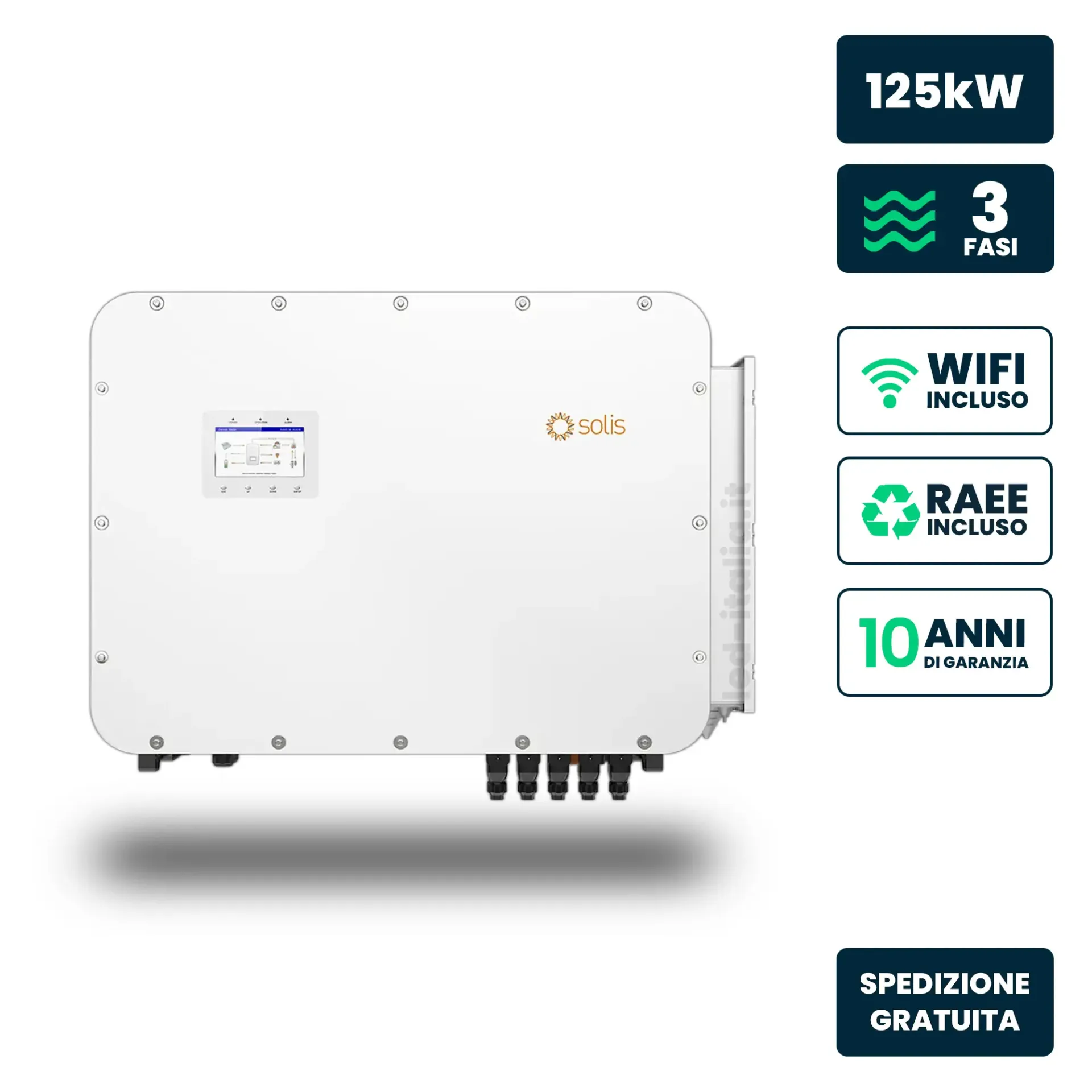 Inverter Ibrido Trifase HV Solis 125kW WiFi Bianco, vista angolata frontale