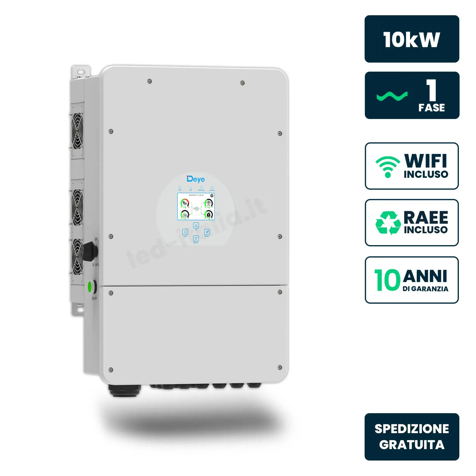 Inverter Fotovoltaico Deye Monofase Ibrido OnGrid-OffGrid 10kW Triplo MPPT Senza CEI 021 Schermo LCD Touch WiFi e TA Inclusi, vista angolata frontale