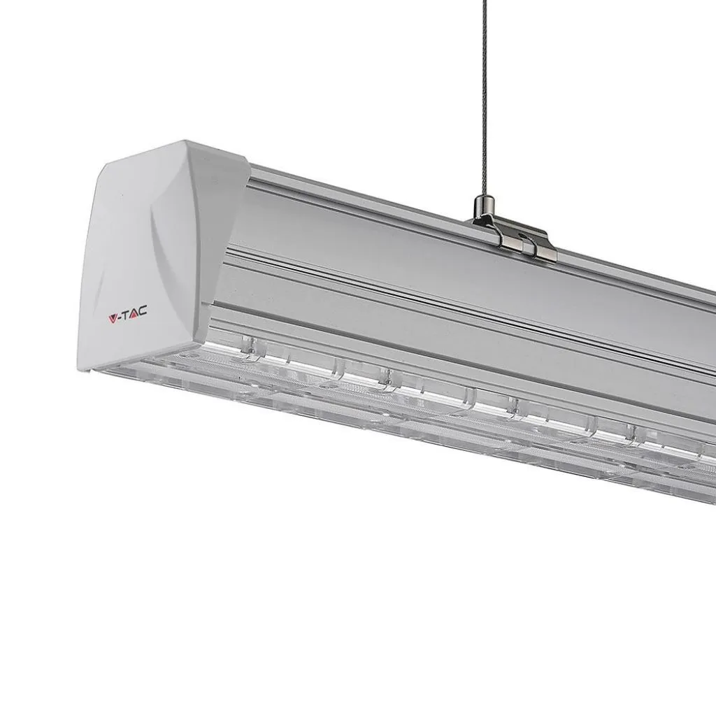 Plafoniera LED Lineare Follow 50W 160LM/W 150cm Doppia Lente Asimmetrica 4000K Dimmerabile, vista angolata frontale
