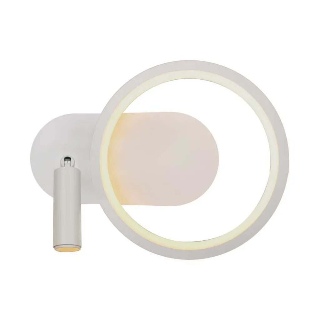 Lampada LED da Muro 14W con Faretto da Lettura Orientabile 360 gradi in Metallo 250x100x180mm Colore Bianco 3000K, vista frontale angolata