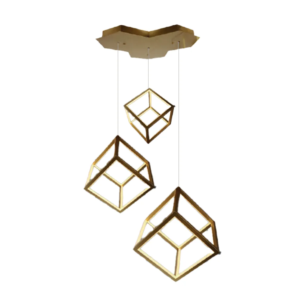 Lampadario LED a Sospensione con 3 Cubi 46W Moderno e Decorativo 56x48.5x156cm Colore Oro, vista angolata